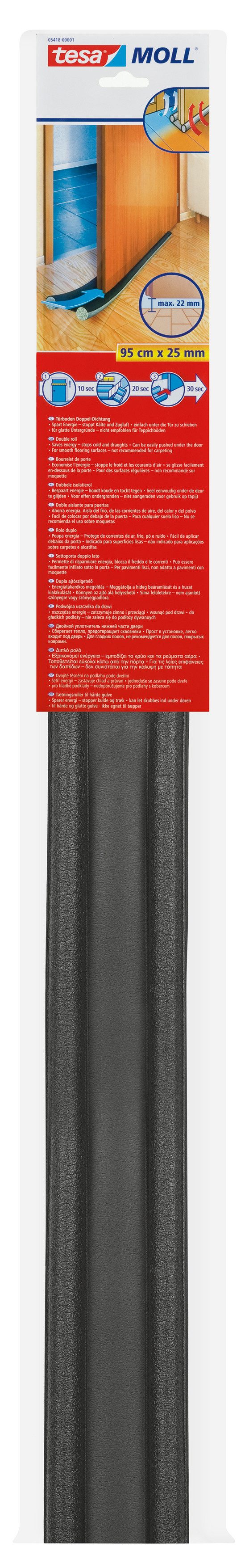 tesa Türbodendichtung tesamoll Zugluftstopper für glatte Böden, einfache Montage, (Packung, 1-St), Zugluftstopper - energiesparend - einfache Montage - schwarz