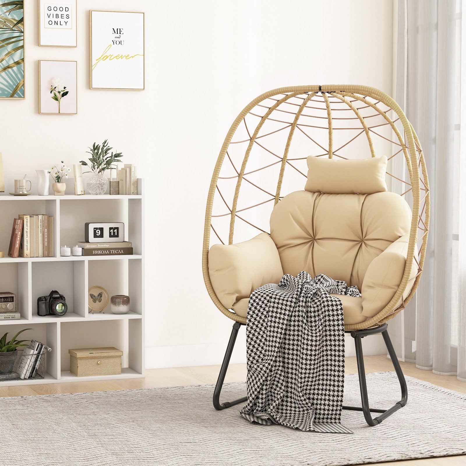 COSTWAY Hängesessel, Korbsessel mit Kissen, aus Rattan & Metall