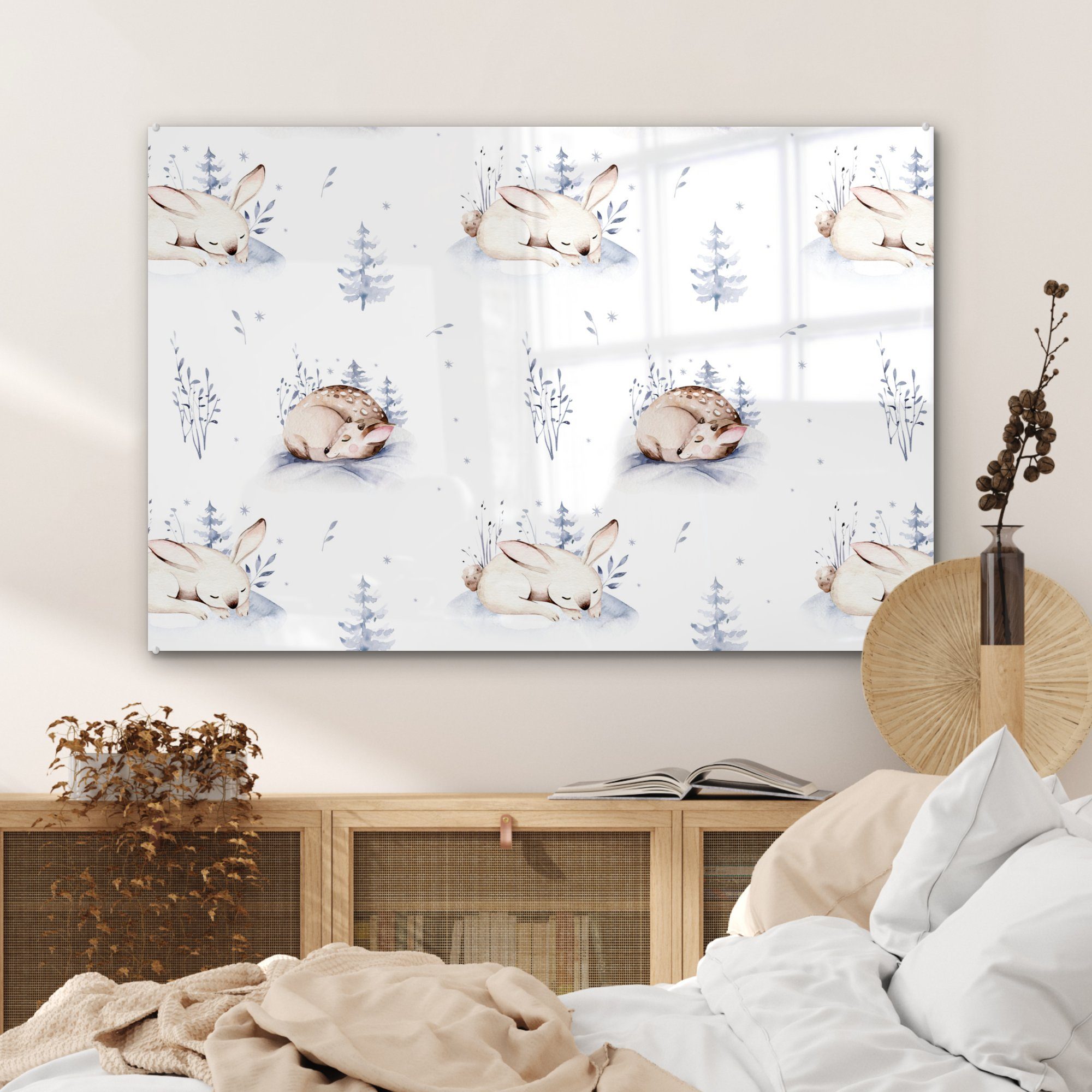 & St), Schlafzimmer - MuchoWow Rehe, Acrylglasbild Hasen Winter (1 Wohnzimmer - Acrylglasbilder