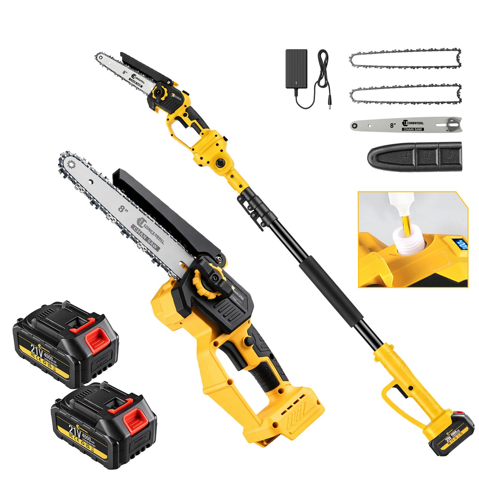 CONENTOOL Akku-Kettensäge 6''/8'' Elektro-Kettensäge, Bürstenlosem Motor, 2x 4000mAh Akku, 25 cm Schwertlänge, ausziehbare Hochastsäge, mit Zubehör für Ast- und Holzschnitt