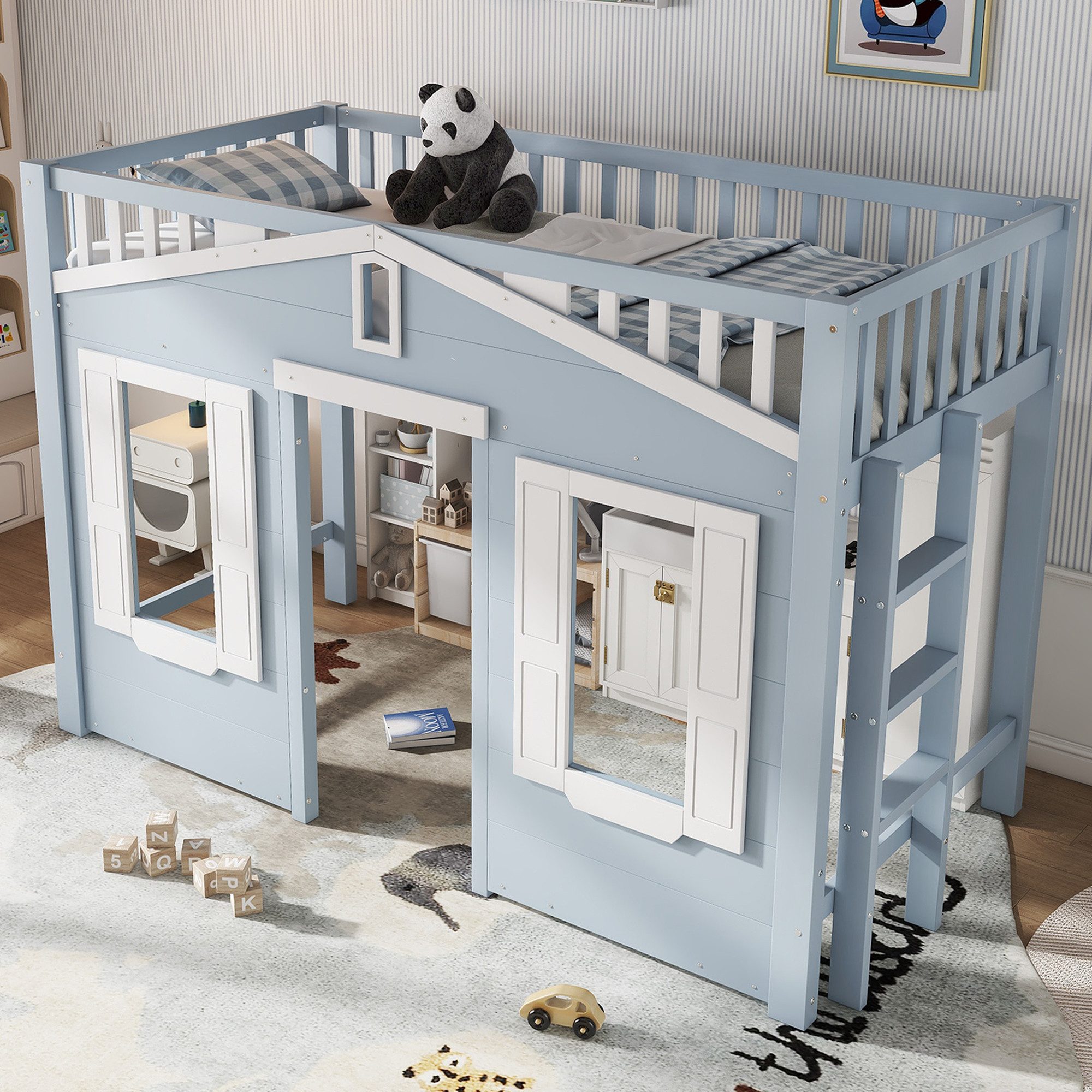 HAUSS SPOLE Hochbett 90x200 mit Geländer&Fenster,Jugendbett Kinderbett in Hausform (mit stabilem Leiter, flexiblem Stauraum unter dem Bett und schöner Fenstergestaltung, 90x200cm) ohne Matratze