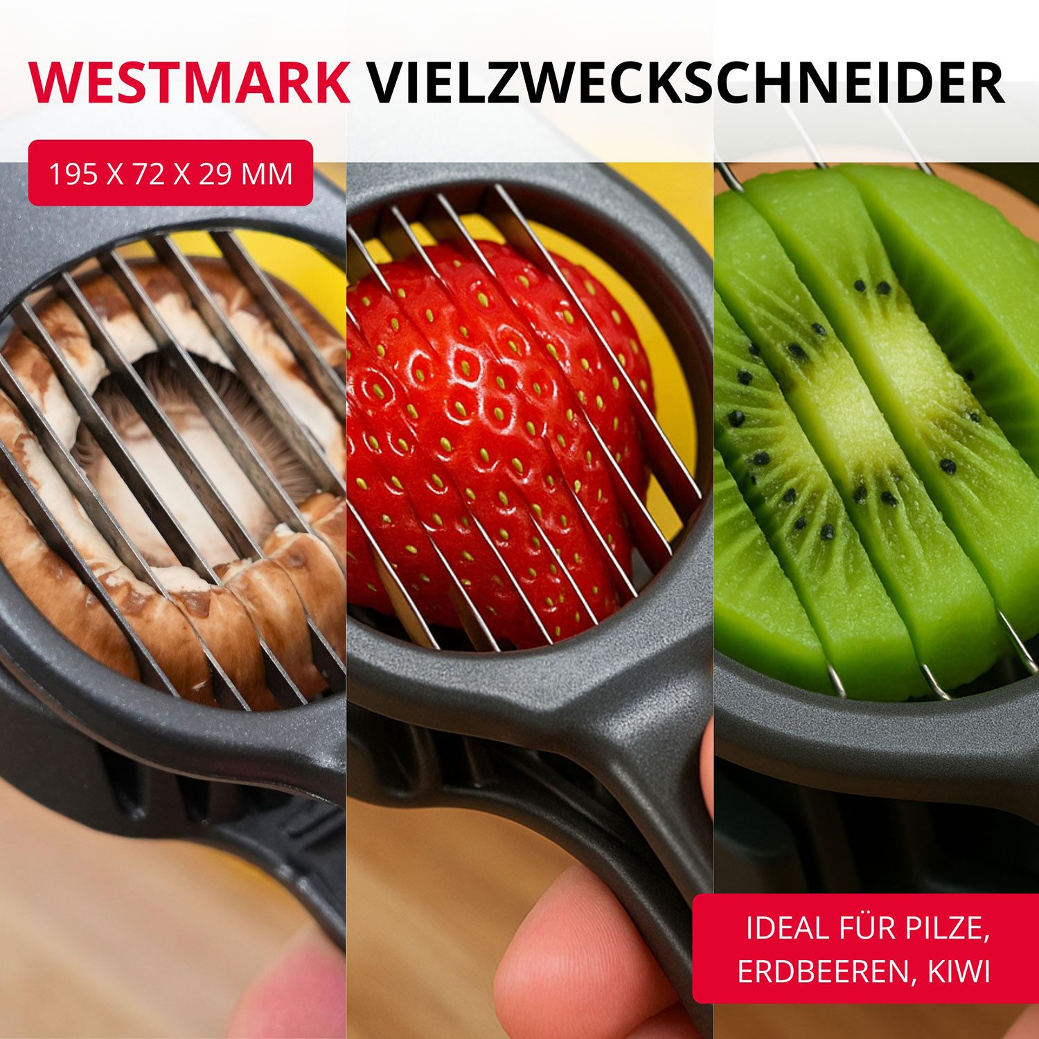 WESTMARK Gemüseschneider Schneider Champion Black Edition – für Champignons, Kiwi & Erdbeeren, griffige Haptik