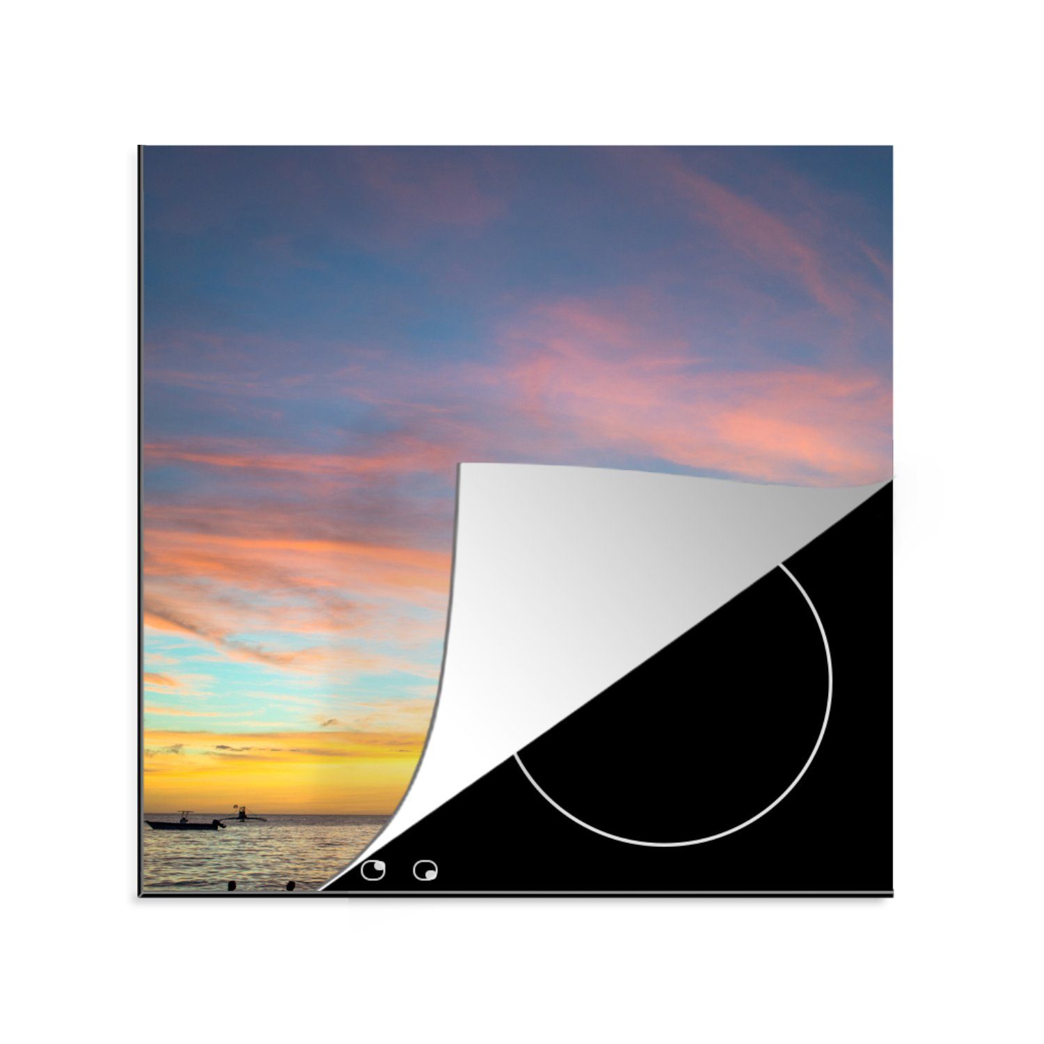 Boracay, Vinyl, von Ceranfeldabdeckung, von Segelbooten für (1 78x78 Herdblende-/Abdeckplatte tlg), Silhouetten am küche cm, MuchoWow Arbeitsplatte Strand