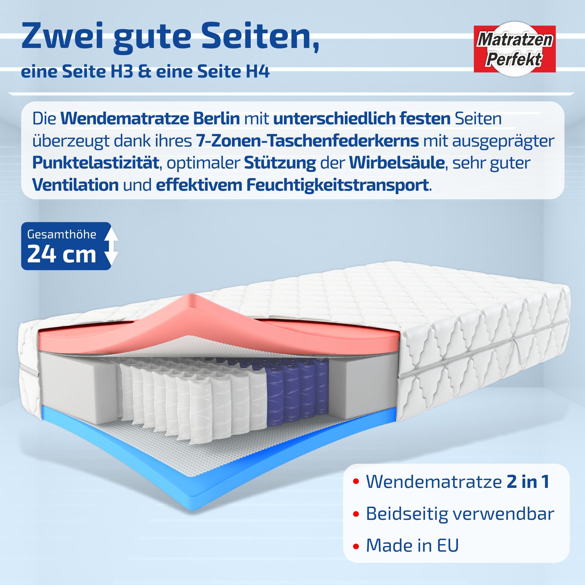 Taschenfederkernmatratze Berlin Plus Wendematratze Federkern in H3/H4 hohe Matratze 140x200cm, Matratzen Perfekt, 24 cm hoch, (Größen 140x200cm, 160x200xm, 200x200cm, 100x200cm), Taschenfederkern-Matratze mit 2 Härtegraden in einem Kern