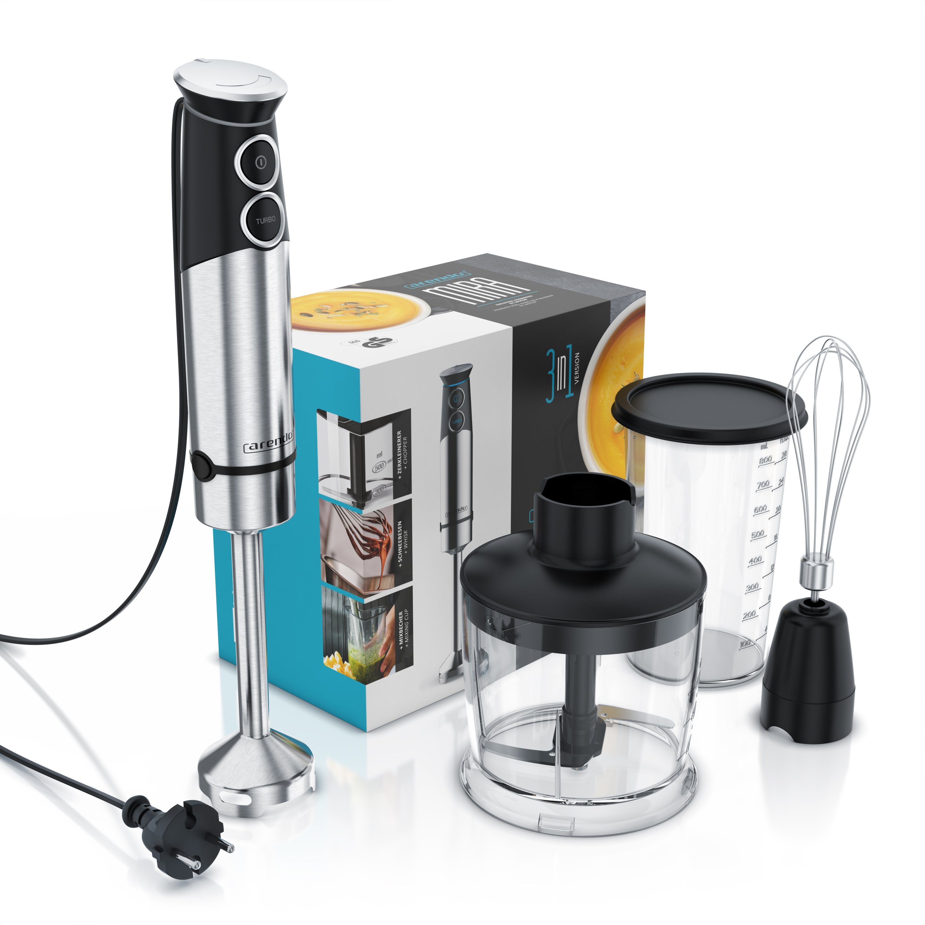 Arendo Stabmixer Edelstahl Pürierstab Set mit Zerkleinerer & Messbecher, Handmixer, 1500 W, 2 Geschwindigkeitsstufen, 4-Klingen, einfache Reinigung, DC Motor
