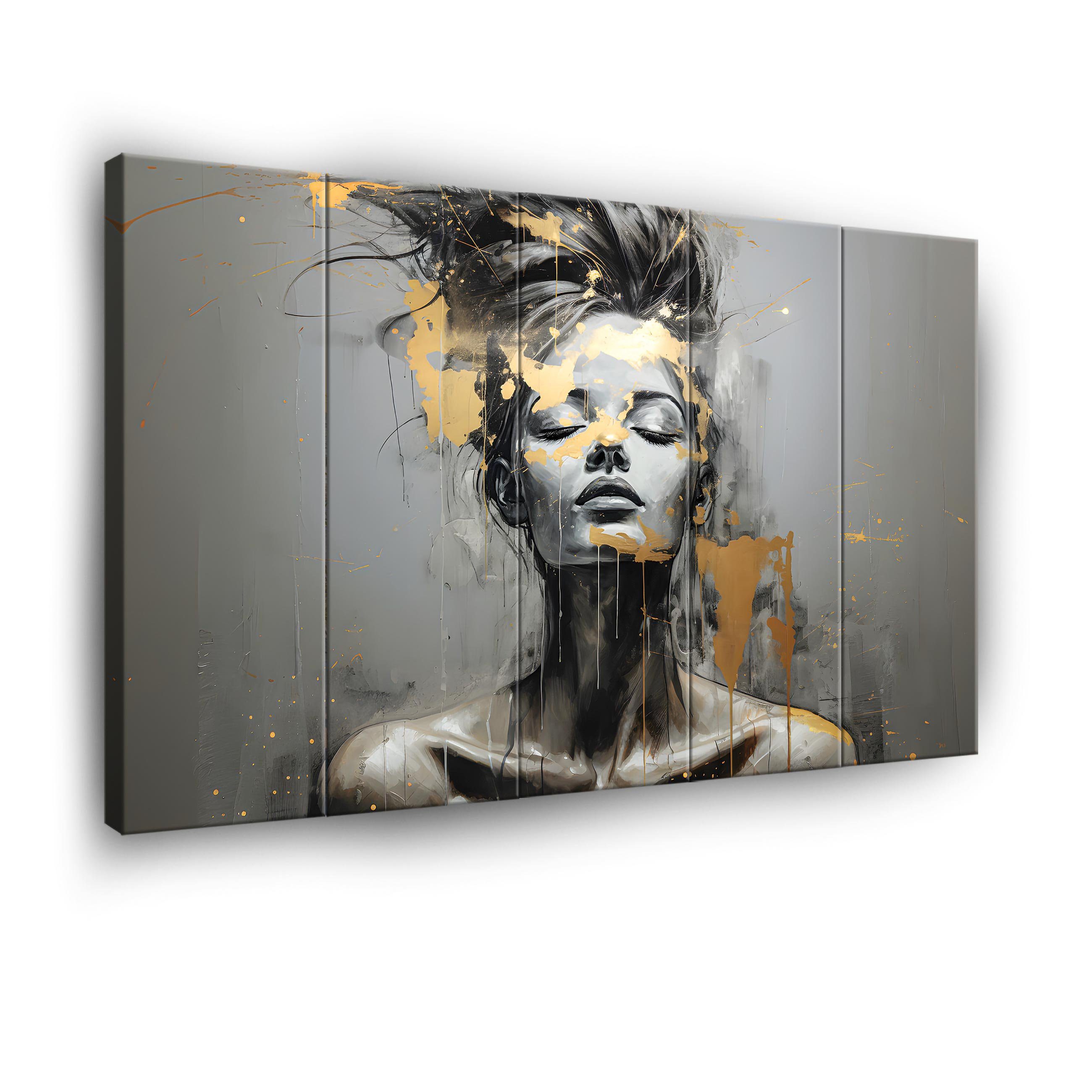 Wallarena Leinwandbild Frau Gold Wandbild XXL Wohnzimmer Schlafzimmer Aufhängefertig, Imitation Beton (Set 3 teilig / Set 4 teilig / Set 5 teilig / Set 6 teilig, 5 St), Wandbilder Leinwandbilder Bilder 90x100 / 120x100 / 150x100 / 180x100
