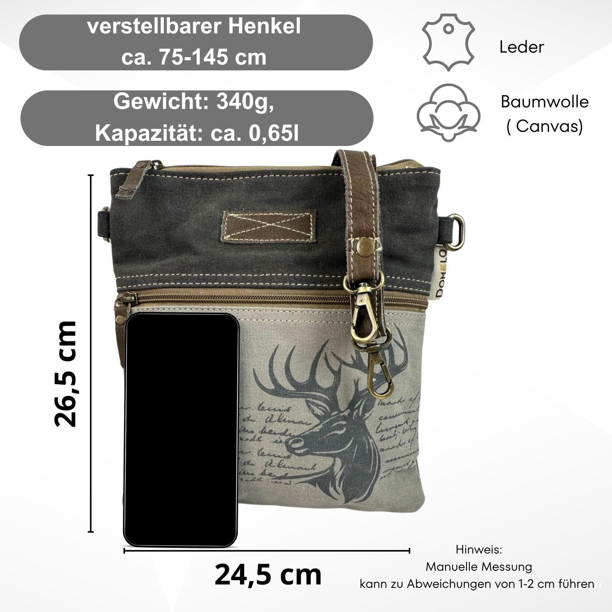 Domelo Trachtentasche Domelo Trachtentasche Canvas & Leder Umhängetasche Hirsch – Bild 3 von 5