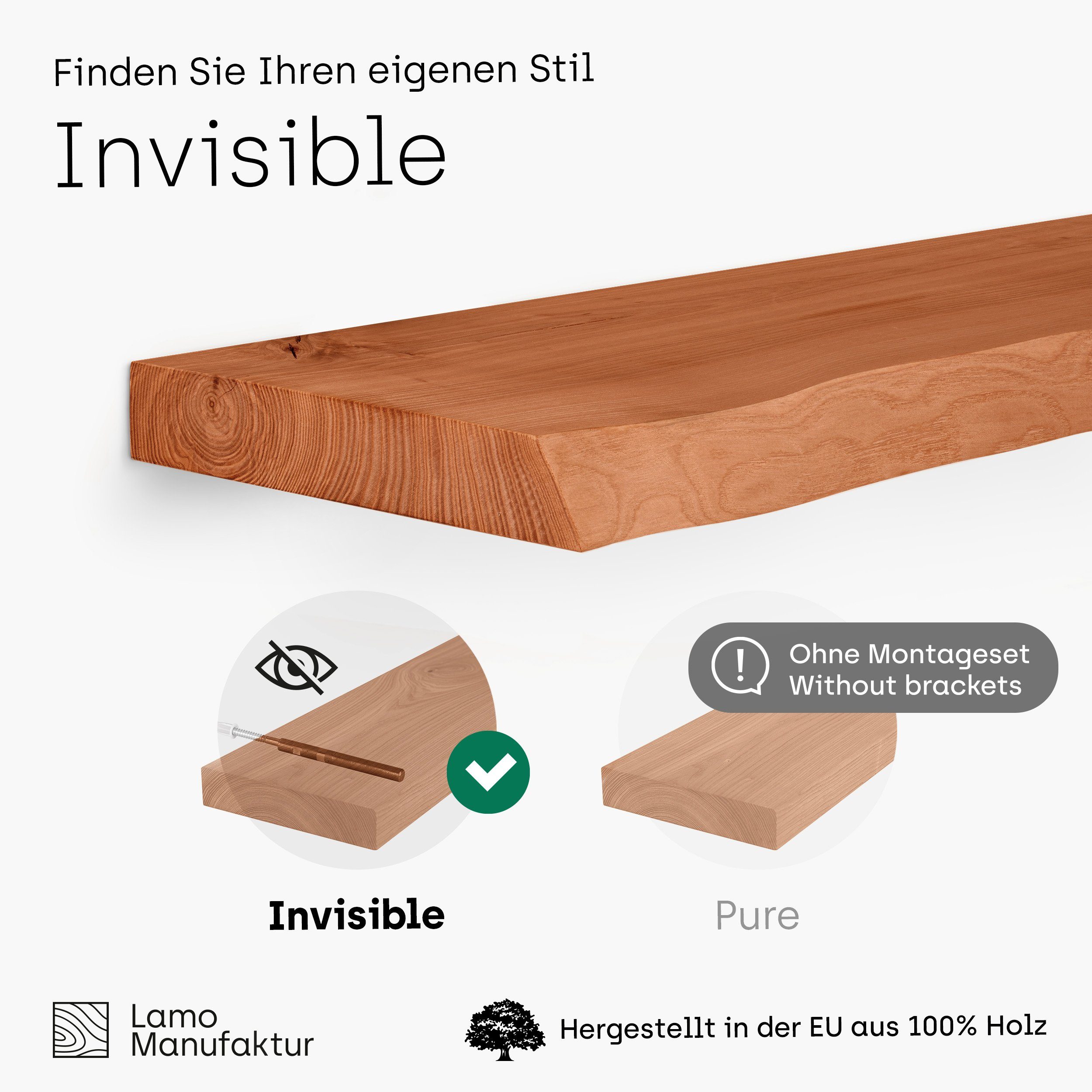 Massivholzplatte Dübel, Würth stake Komplett-Set, Wandregal LAMO mit 40mm Invisible Manufaktur Dunkel