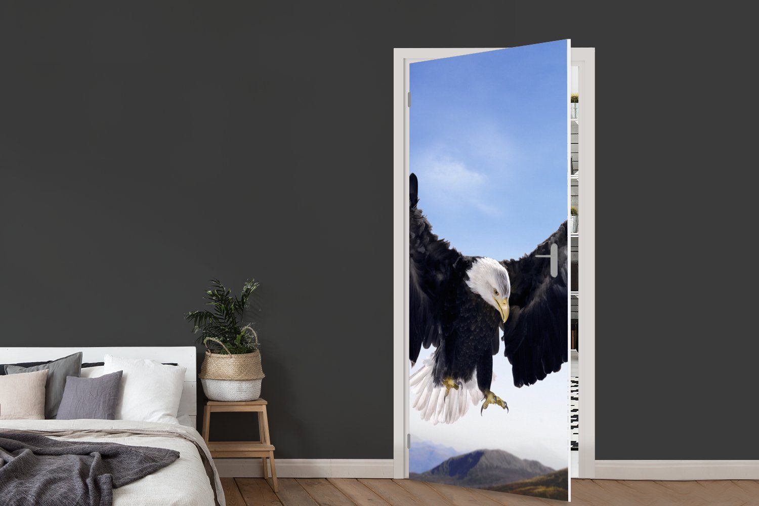 Fototapete für Ein (1 cm Matt, St), Tür, Weißkopfseeadler Türtapete 75x205 landen, MuchoWow Türaufkleber, bedruckt, will amerikanischer