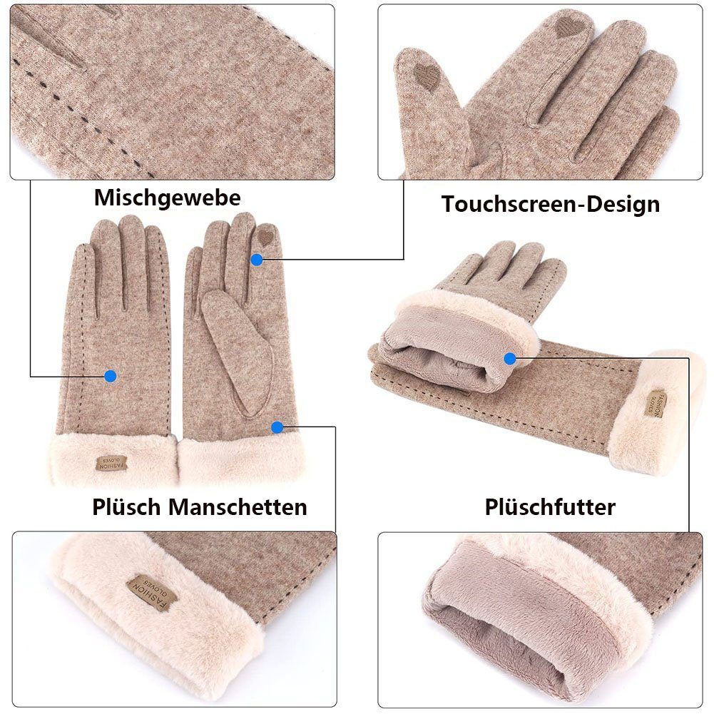 Haiaveng Reithandschuhe Damen Handschuhe Touchscreen-Handschuhe Warme Khaki Plüschhandschuhe Winter