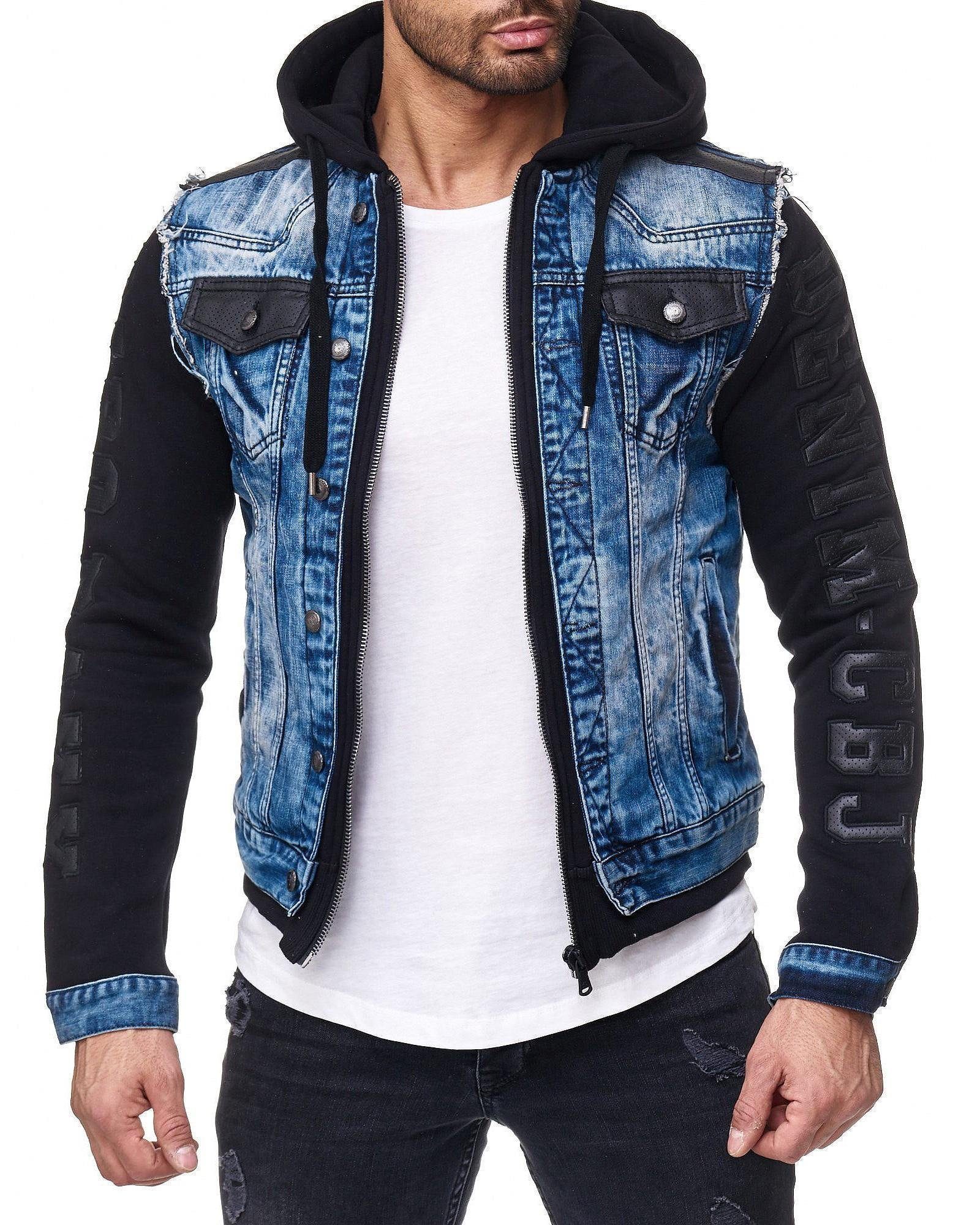 Cipo & Baxx Jeansjacke Kapuzen Sweatjacke (1-St) Im Westen Look mit ausgefransten Saum blau