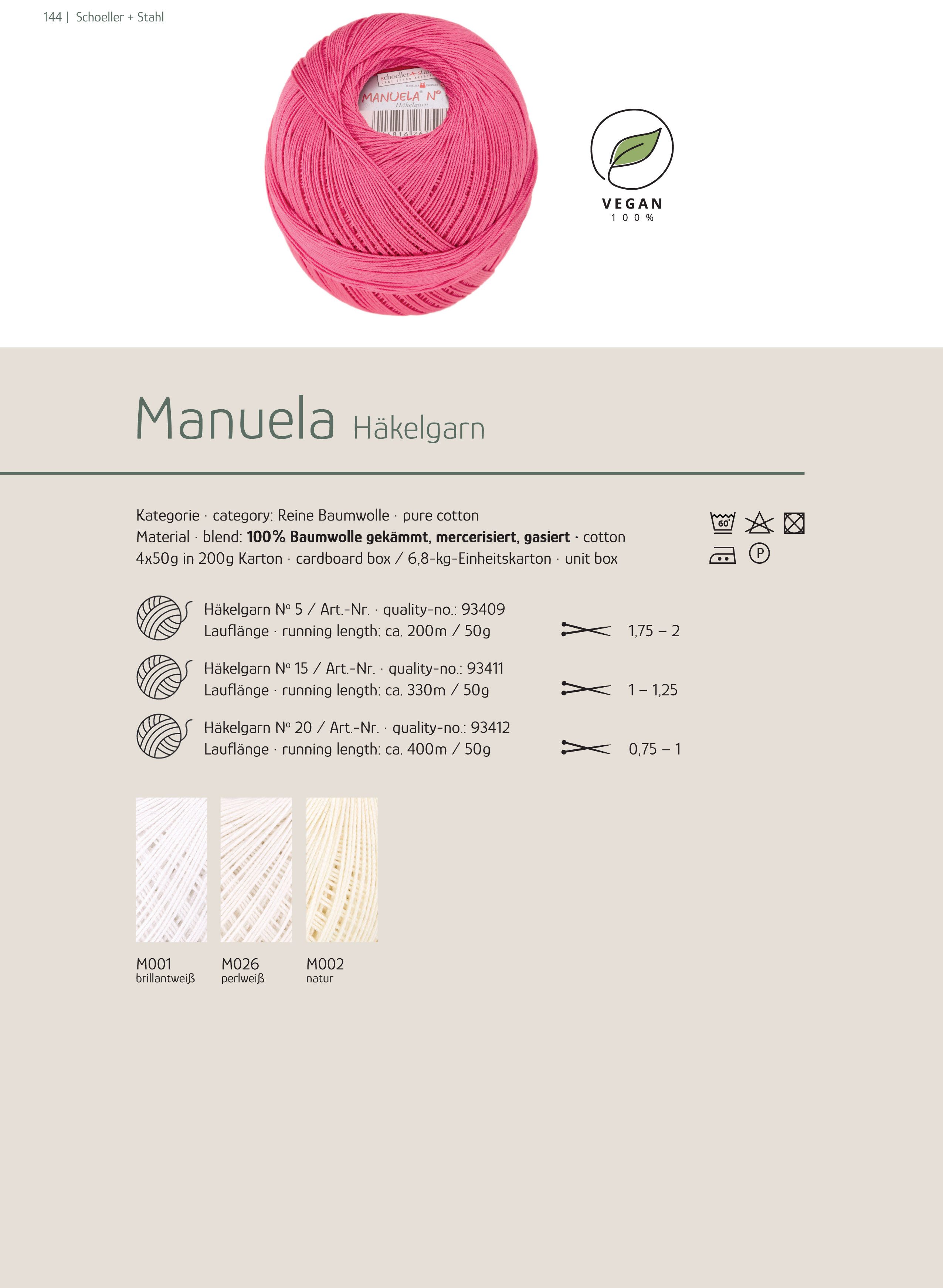 Schoeller + Stahl Manuela 20 Häkelwolle, 400 m, hochwertiges Baumwollgarn, mercerisiert, gasiert