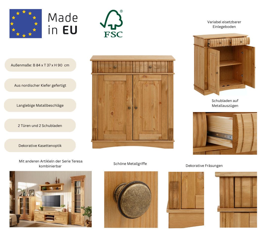 OTTO home Kommode Teresa Sideboard nur 2 Schubkästen, aus massiver Kiefer Breite 84 cm, Höhe 90 cm, FSC®