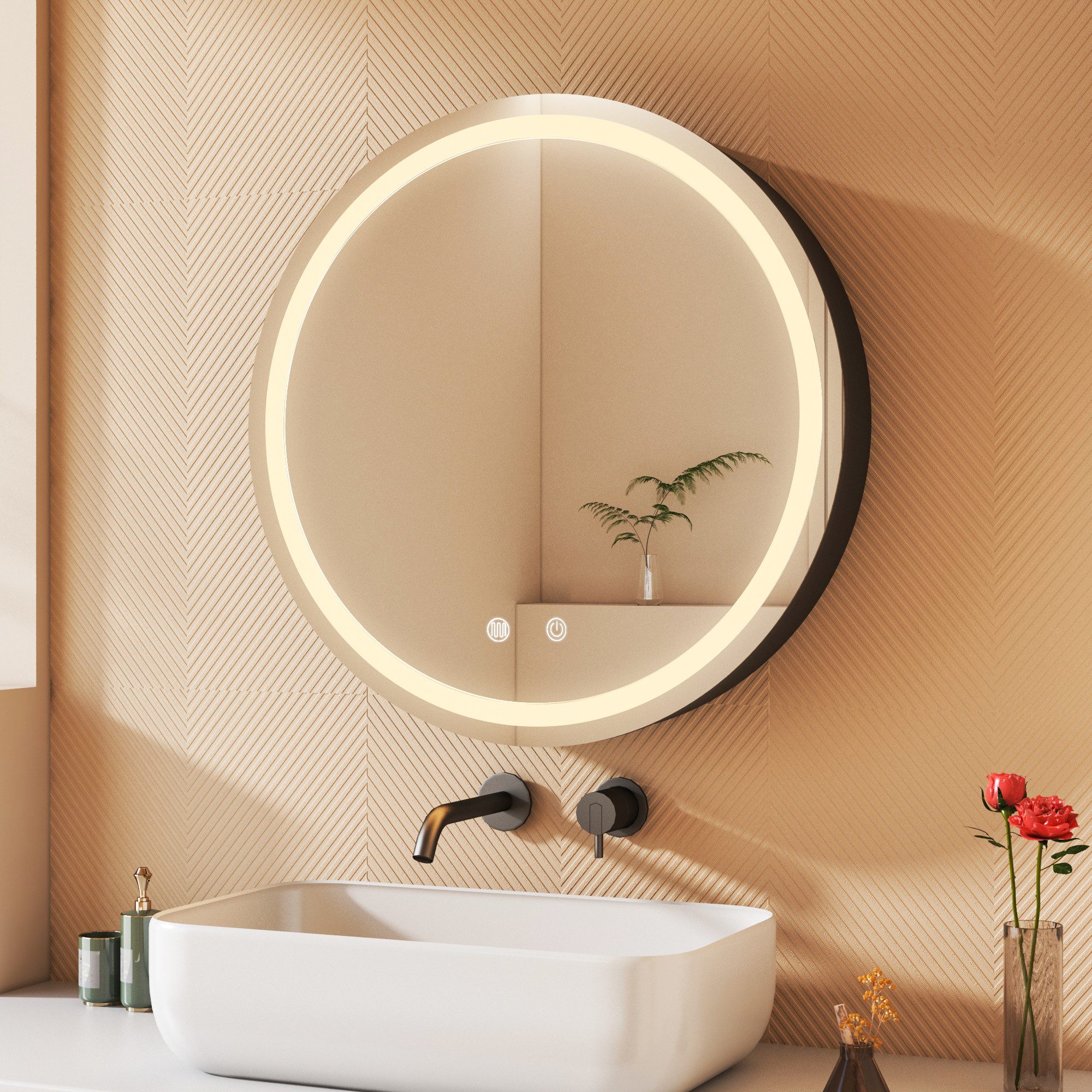 WDWRITTI Spiegelschrank mit Beleuchtung Badezimmer Schrank Schwarz Rund Ø60 günstig online kaufen