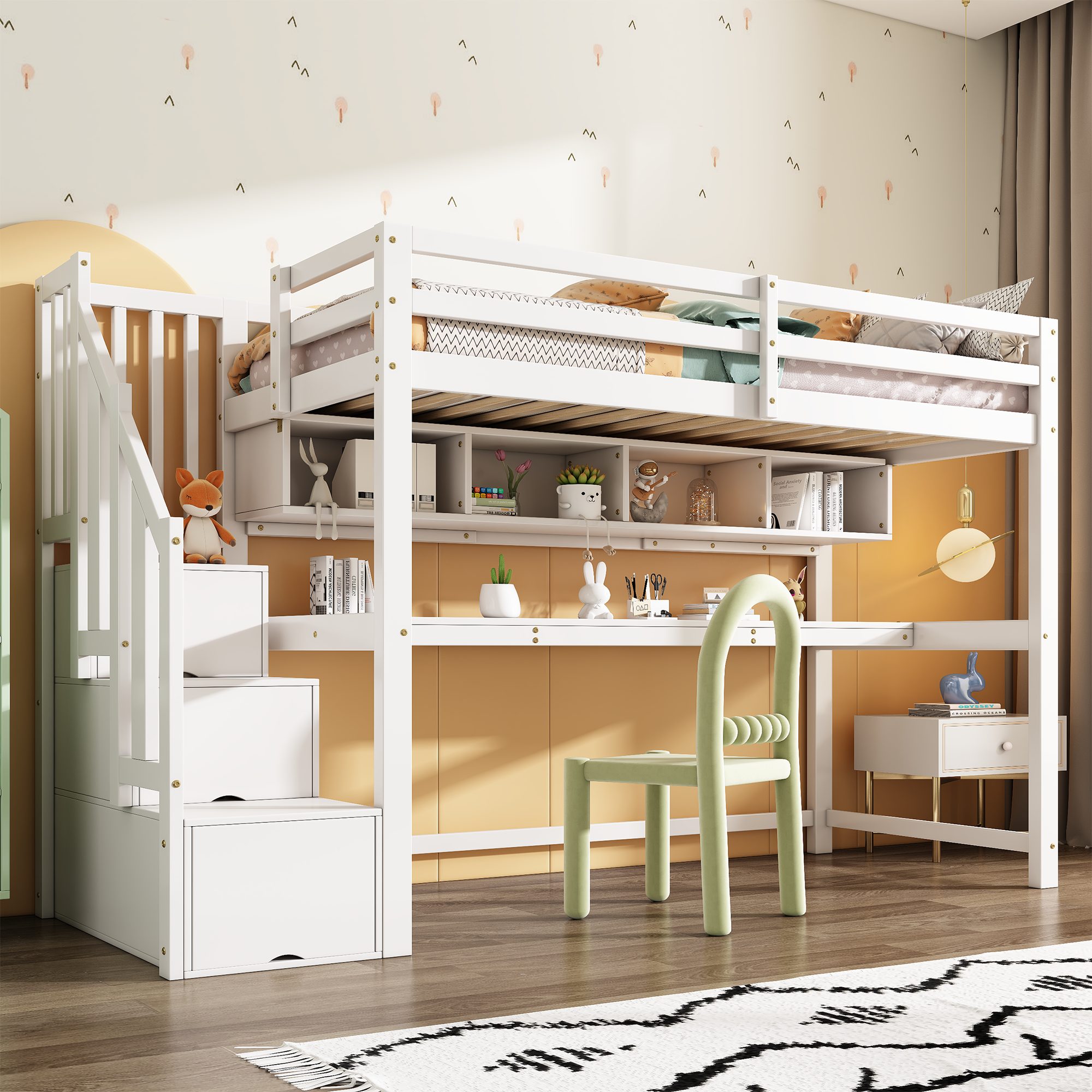 REDOM Kinderbett Jugendbett Holzbett Einzelbett (90x200 cm mit Treppe & Schreibtisch, Etagenbett mit Stauraum aus Massivholz + MDF, für Kinderzimmer & Jugendzimmer, für Schüler & Kinder), ohne Matratze
