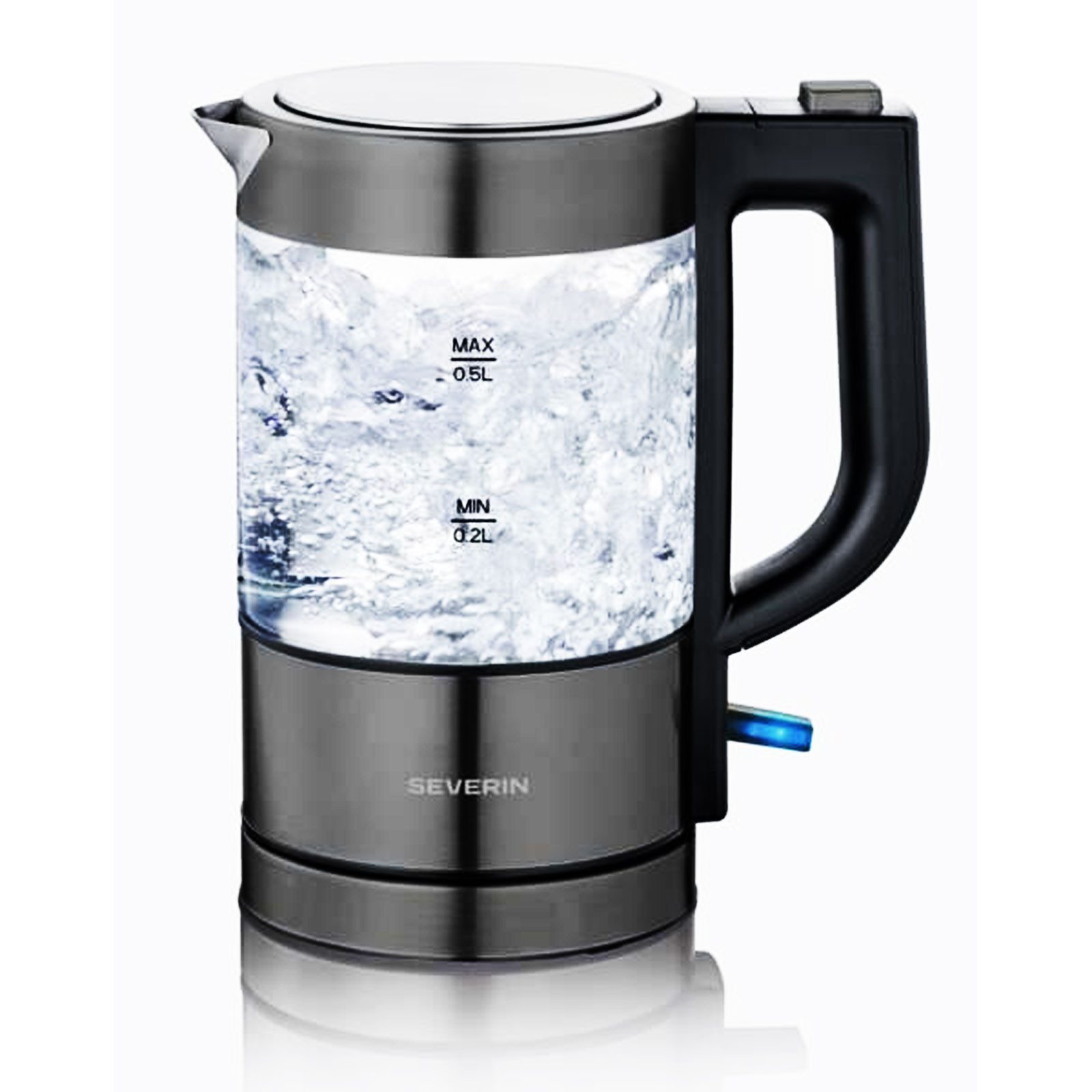 Severin Wasserkocher WK9387, Wasserkocher 0,5 l, 1000 W, Glas, Anti-Kalk, Trockengehschutz