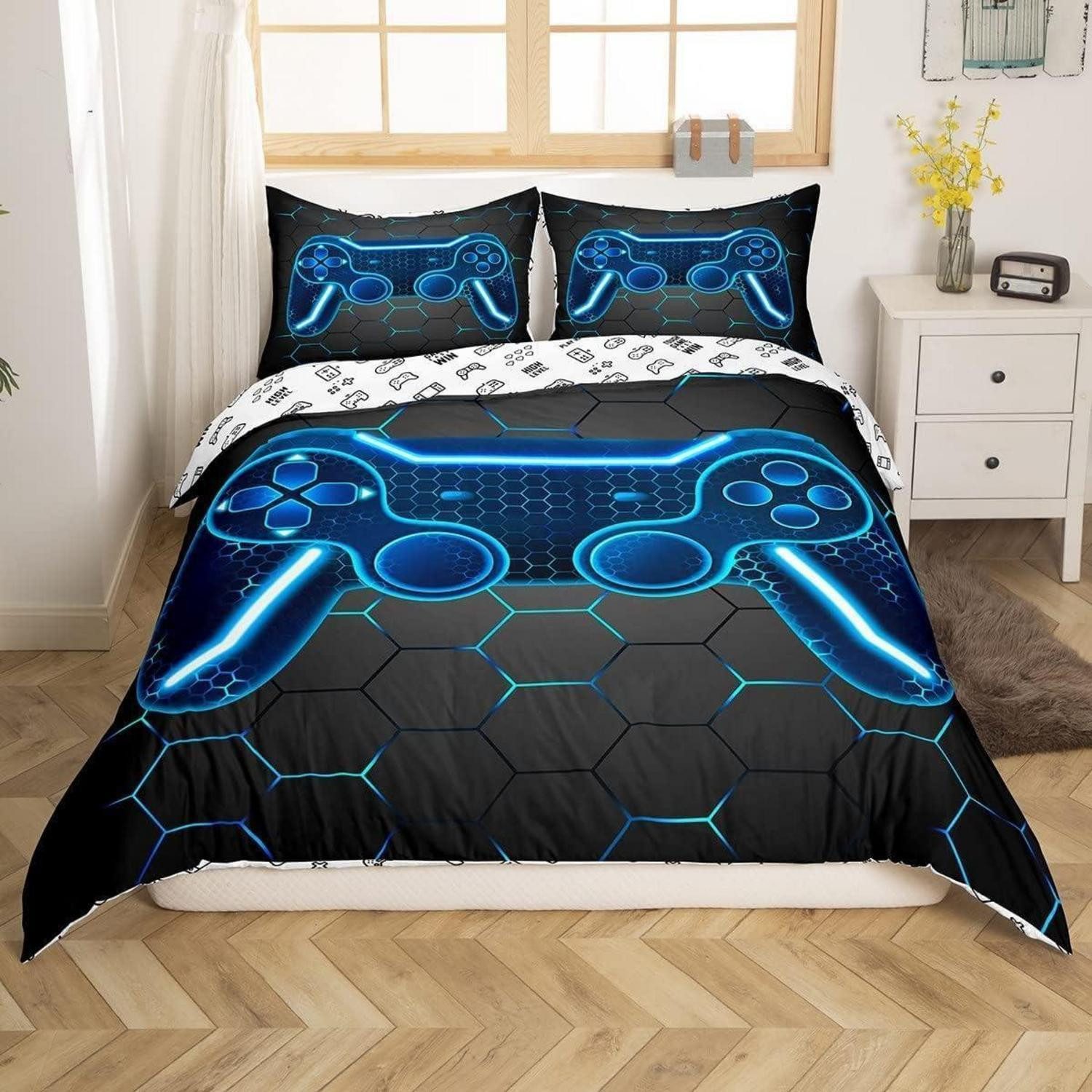 LuxusKollektion Jugendbettwäsche Bettwäsche 135x200cm Gaming Blau Schwarz