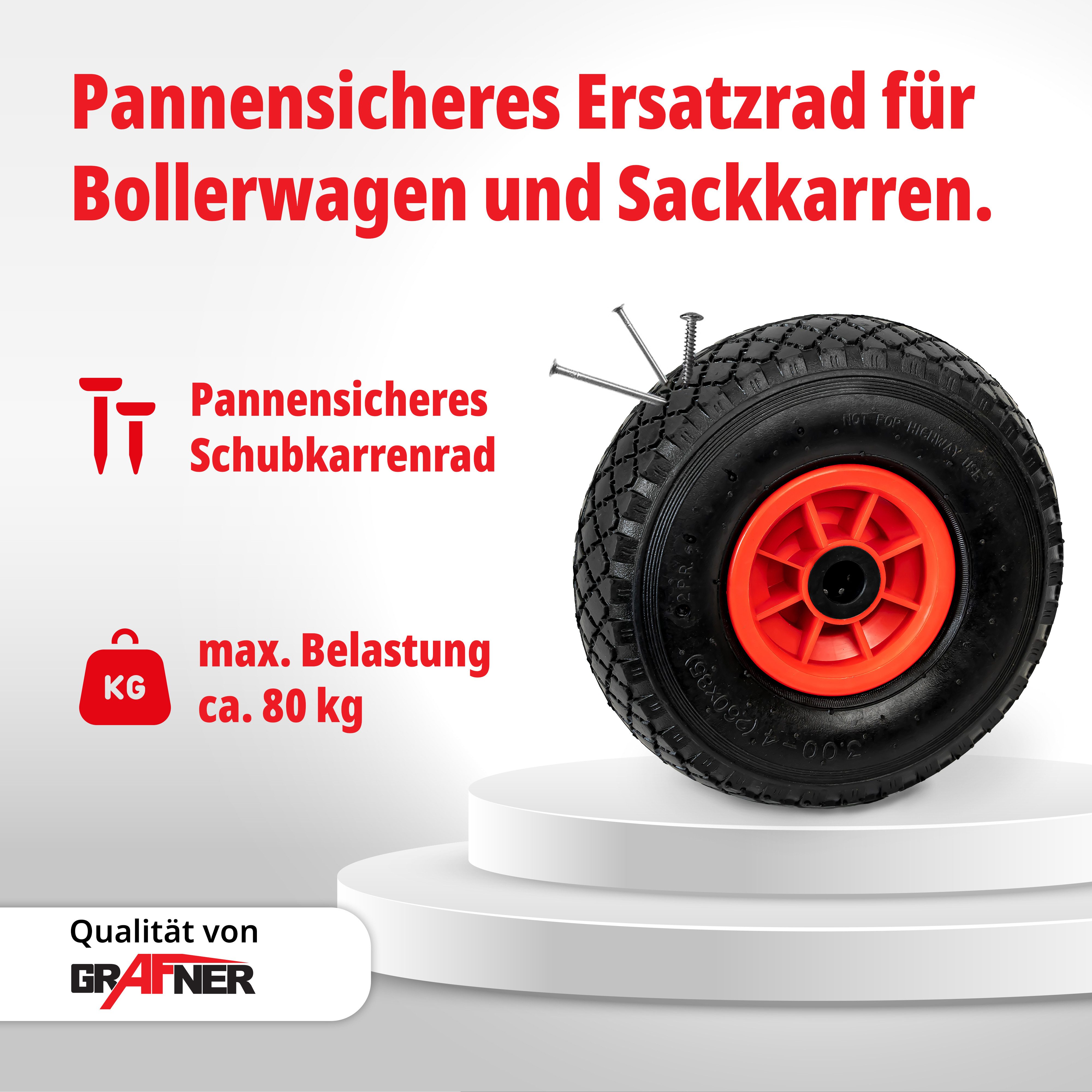 Grafner Sackkarren-Rad Sackkarrenrad Bollerwagenrad 3.00-4 PU Vollgummibereifung FlatFree, Vollgummi, maximale Belastung: 80kg