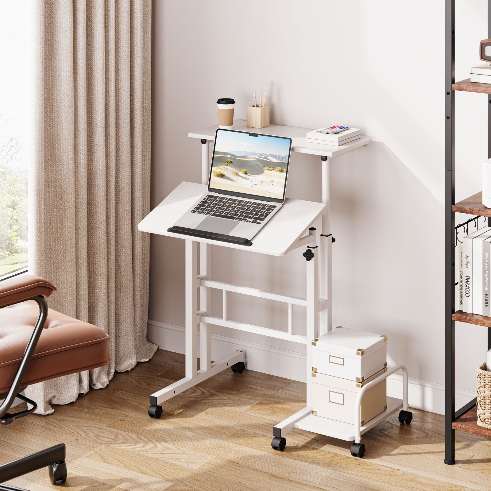 OUNUO Schreibtisch Laptoptisch Höhenverstellbar mit Rollen und kippbarer Tischplatte