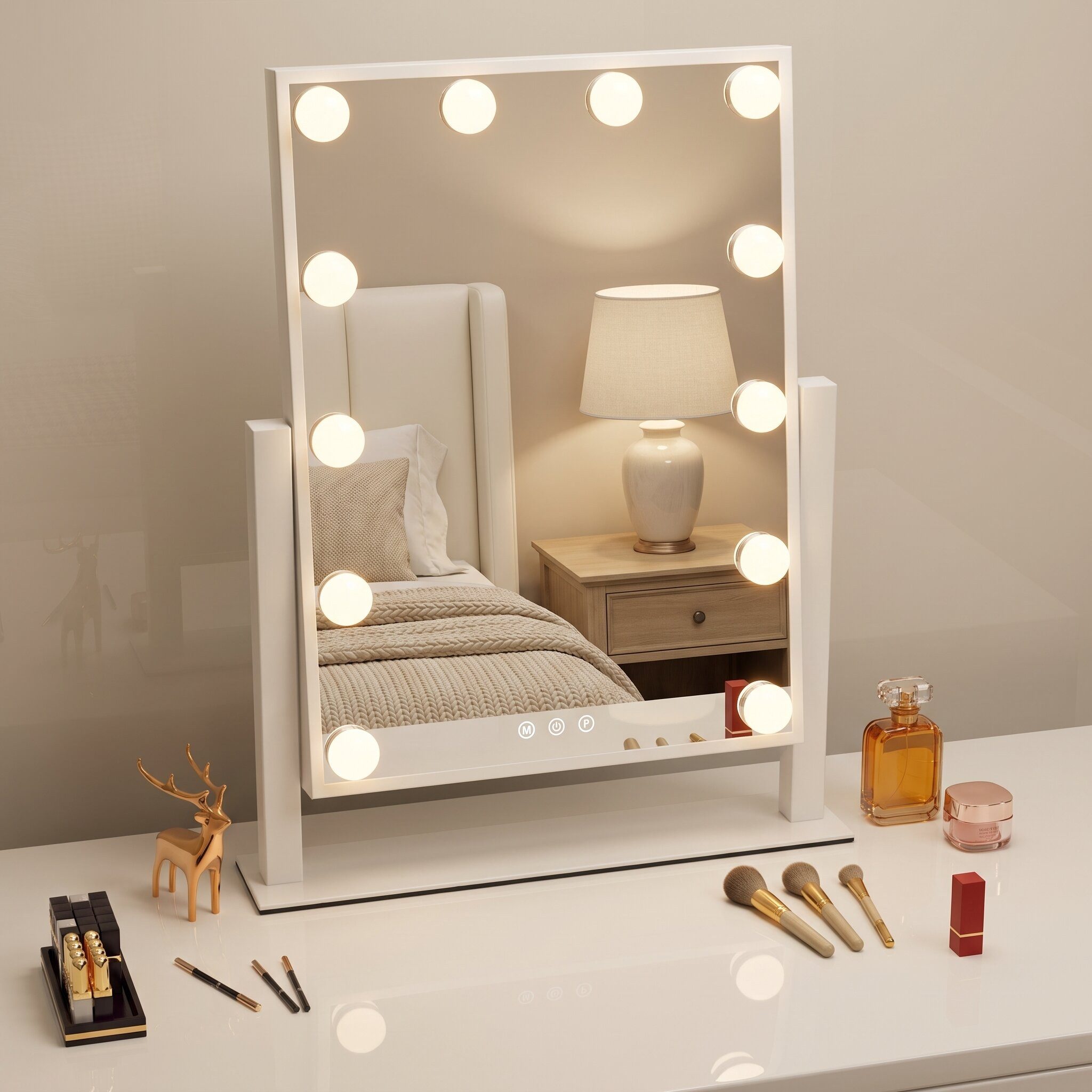 LETGOSPT Schminkspiegel Hollywood Make-up-Spiegel mit beleuchtung, 3 Lichtfarben Dimmbar Touch (30x40cm,Hollywood Spiegel,Schminkspiegel mit Licht, 12 Dimmbare LED,3 Beleuchtungsmodi,Touch Steuerung), HD Kupfer- und bleifreier Spiegel, Stabile Standfuß, 360-Grad-Drehung