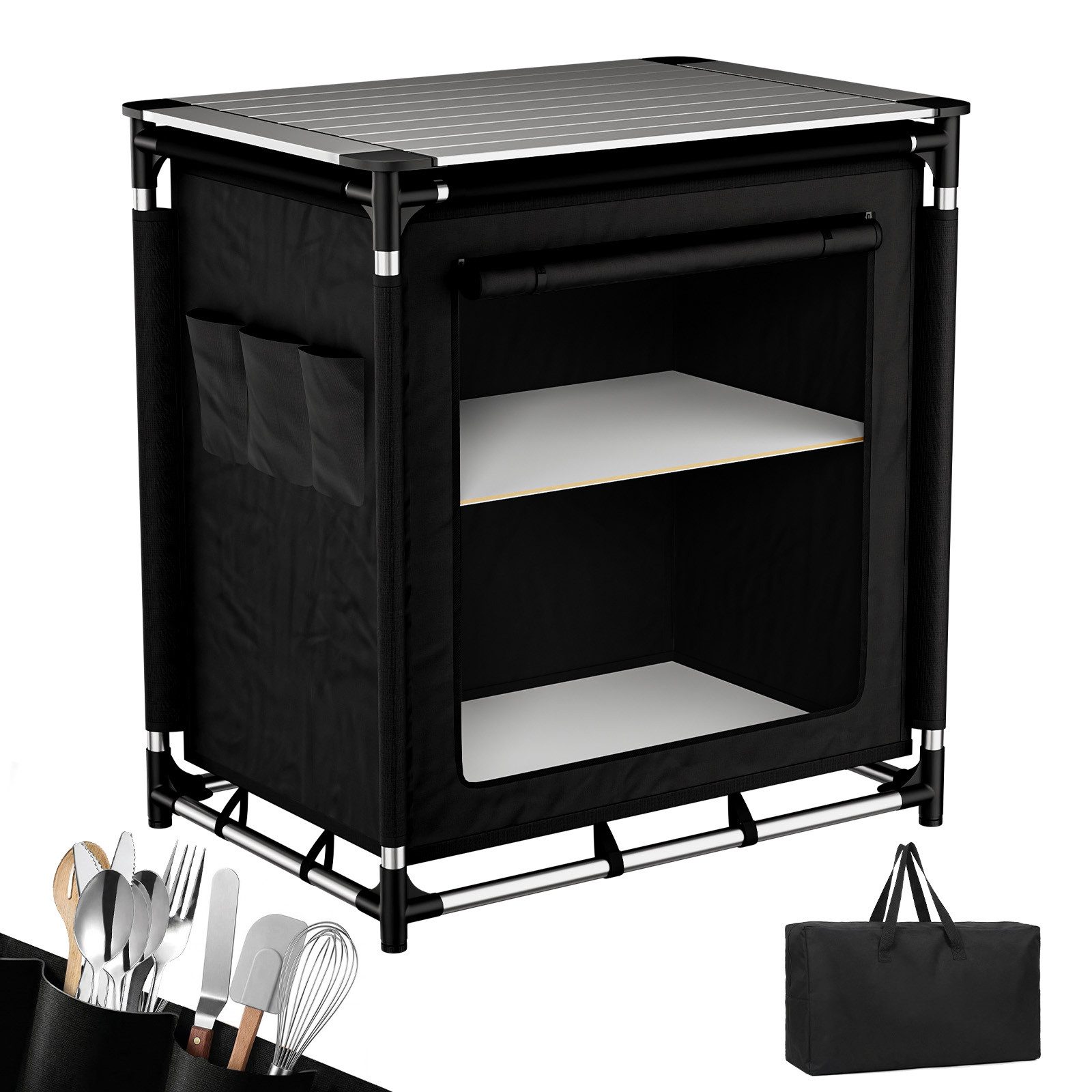 Sekey Campingschrank Faltbar Campingküche mit Aluminiumgestell und Aluminium-Arbeitsplatte Campingtisch mit 2 Fächern, leicht transportierbarer Reiseküche