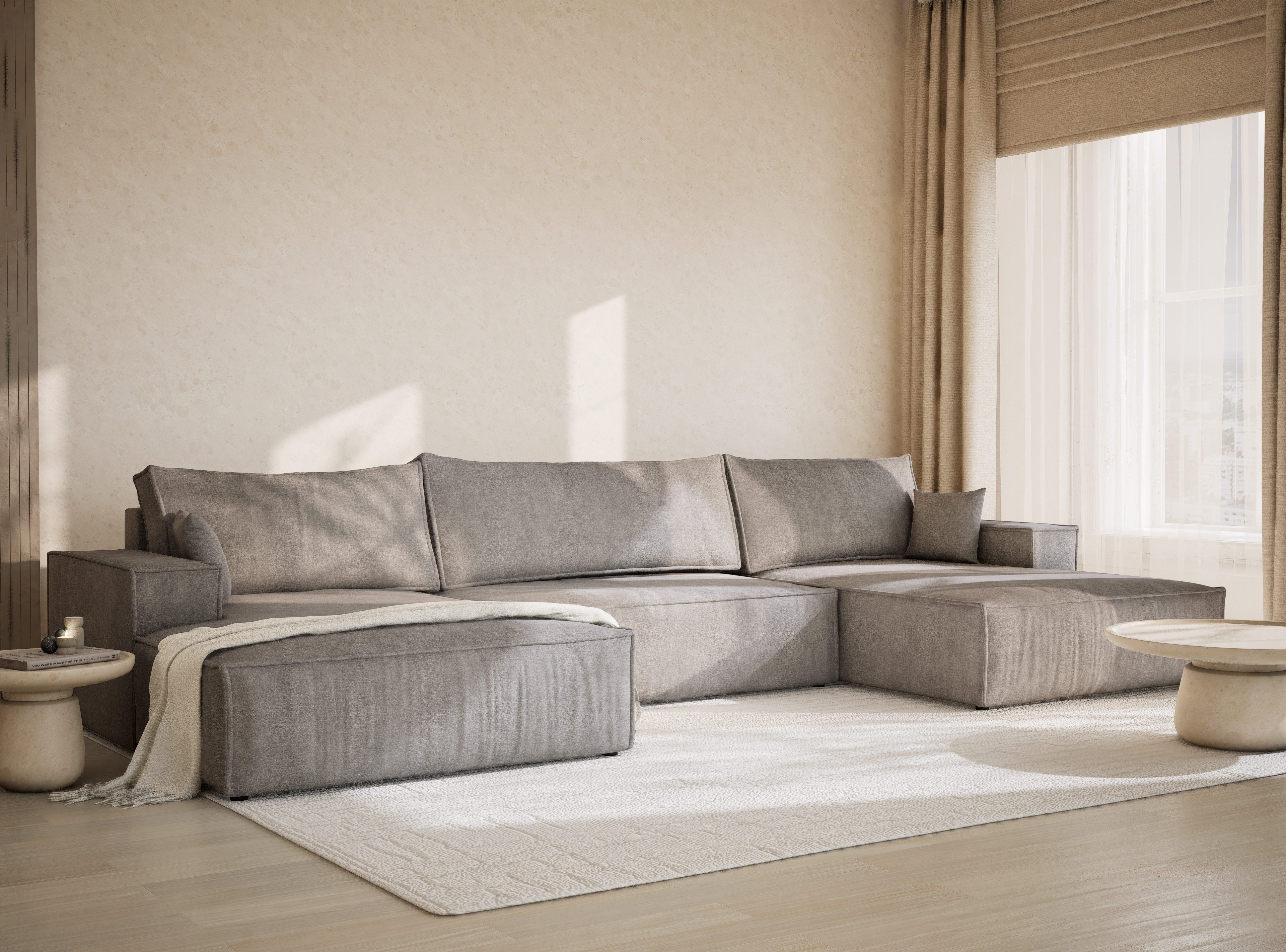 Maison de Rêve Wohnlandschaft Kyoto mit Schlaffunktion, U-Form Sofa mit Bettkasten, Zierkissen, Liegefläche 135x343 cm