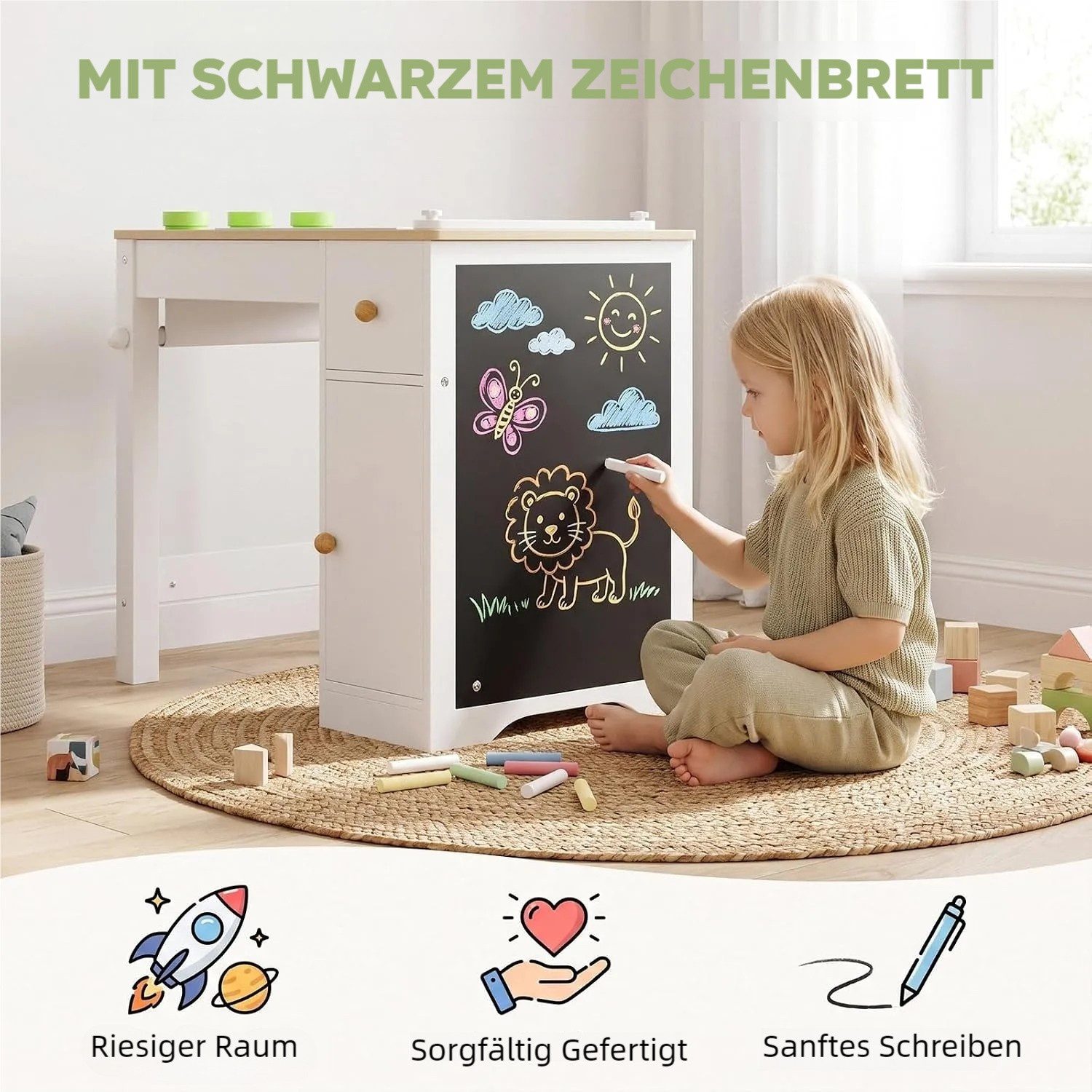TLGREEN Kindersitzgruppe Kinder Tisch Stuhl Set 1 Stuhl 80×40×60cm, (Multifunktionaler Maltisch mit Kreidetafel & Papierrollenhalter, Viel Stauraum mit Schublad – Bild 3 von 5