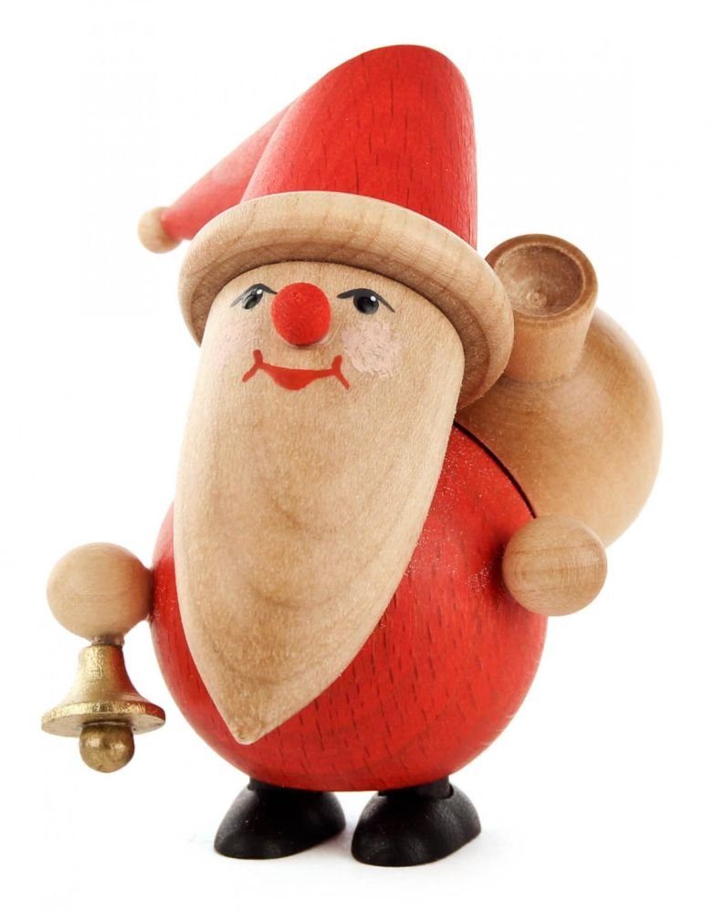 Miniatur Weihnachtsfigur mit und Glocke Erzgebirge H=9cm mit Weihnachtsmann Glocke NEU, Dregeno Geschenkesack