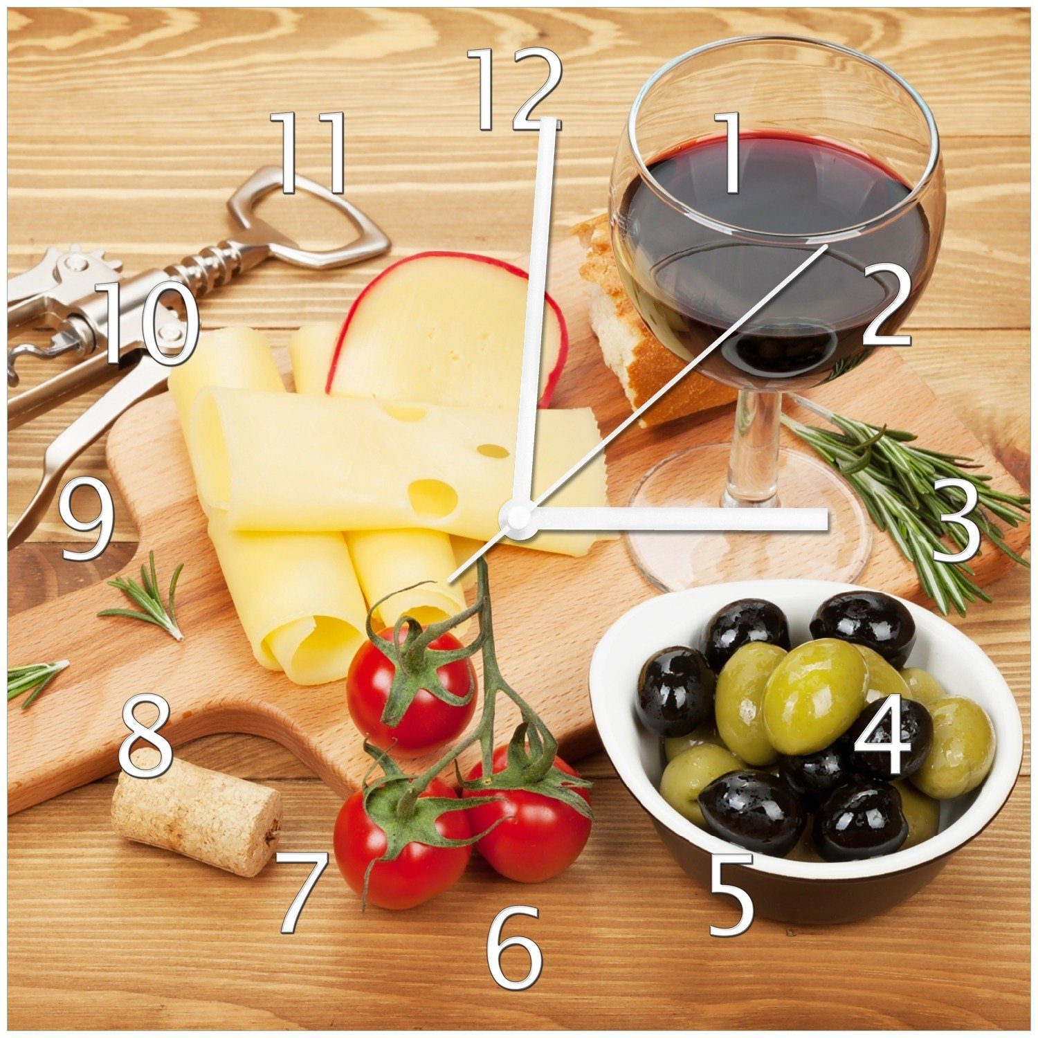 Wallario Wanduhr Genuss am Abend - Rotwein, Käseplatte, Oliven und Tomaten (Glasuhr)