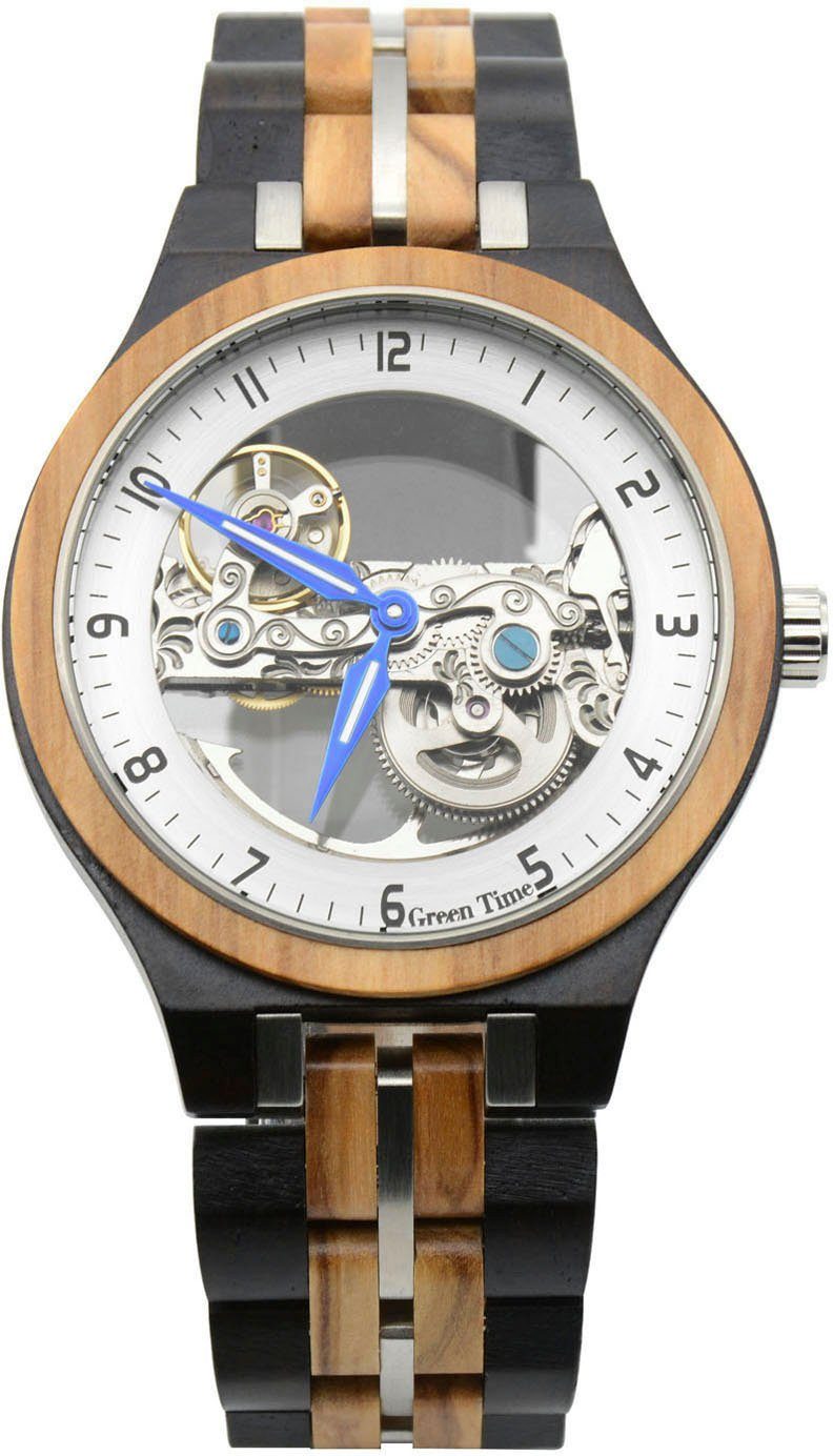 GreenTime Automatikuhr ZW171B, Armbanduhr, Herrenuhr, Holzuhr, Leuchtzeiger