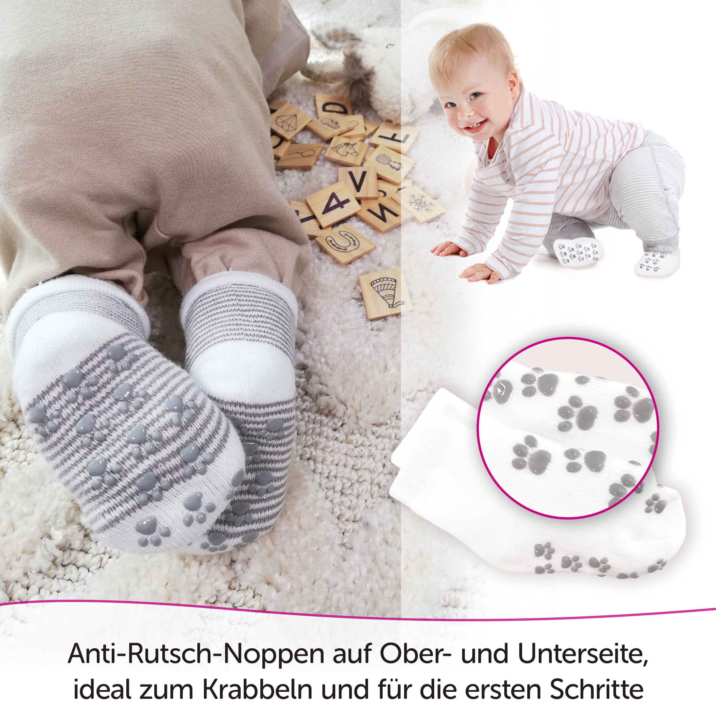 LaLoona Kurzsocken Natur Baby Socken Krabbelsocken Anti Rutsch 5 Paar ABS Babysocken rutschfest