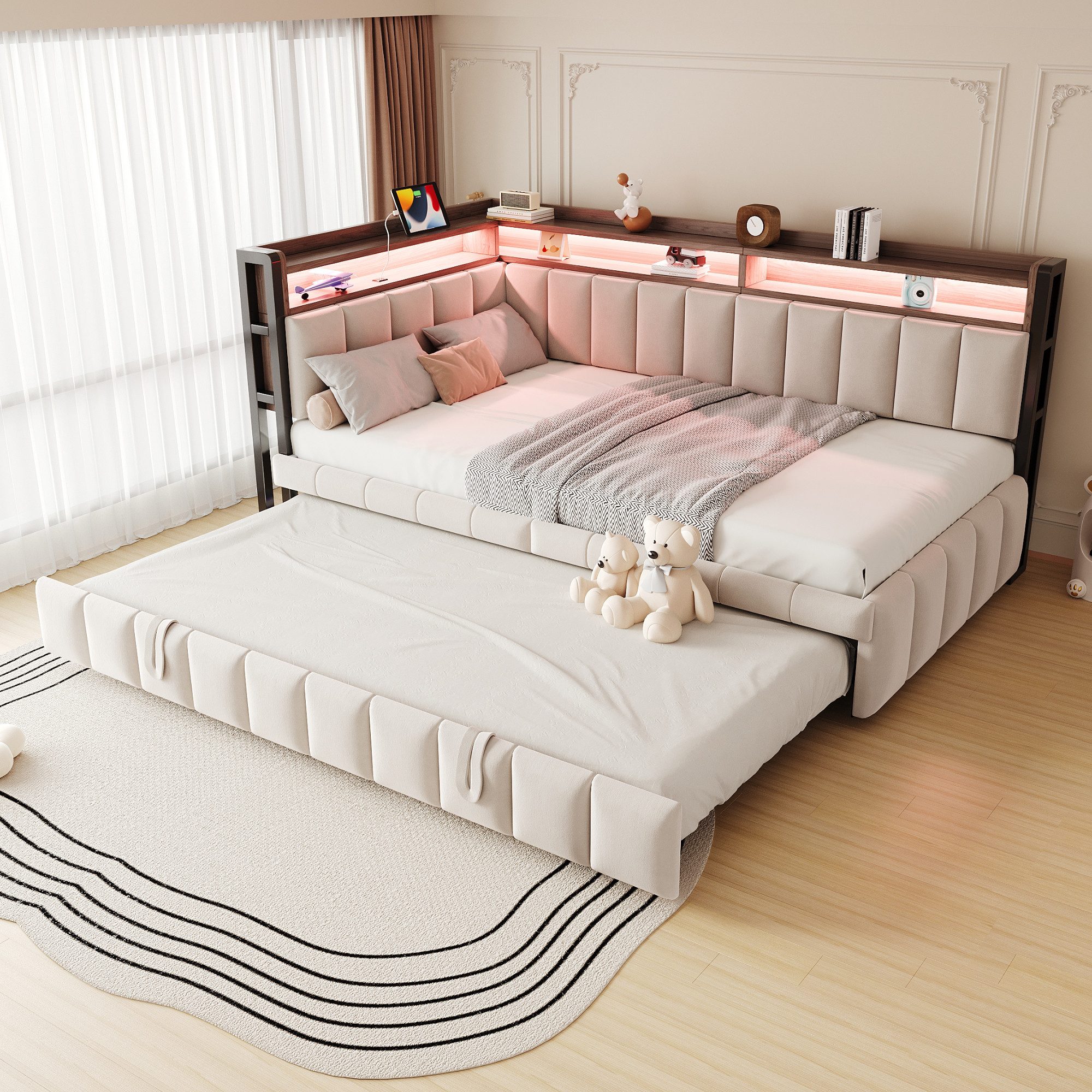 MODFU Schlafsofa mit Ausziehbett, Polsterbett mit LED-Beleuchtung, Ablagefä günstig online kaufen