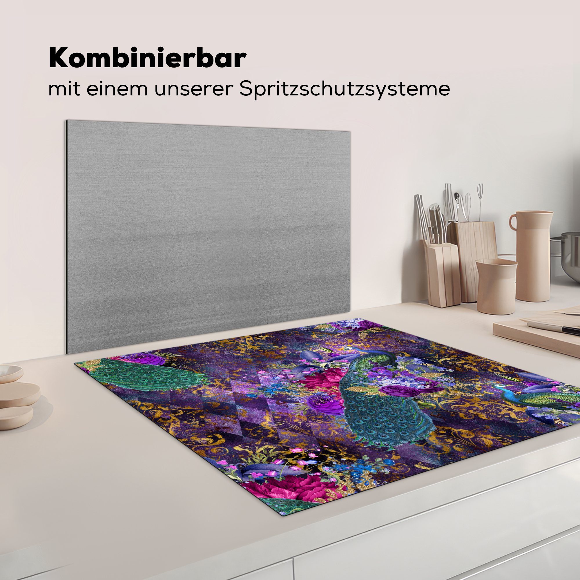 Muster 78x78 Violett, für küche cm, MuchoWow tlg), (1 - - Vinyl, Ceranfeldabdeckung, Arbeitsplatte Herdblende-/Abdeckplatte Pfau