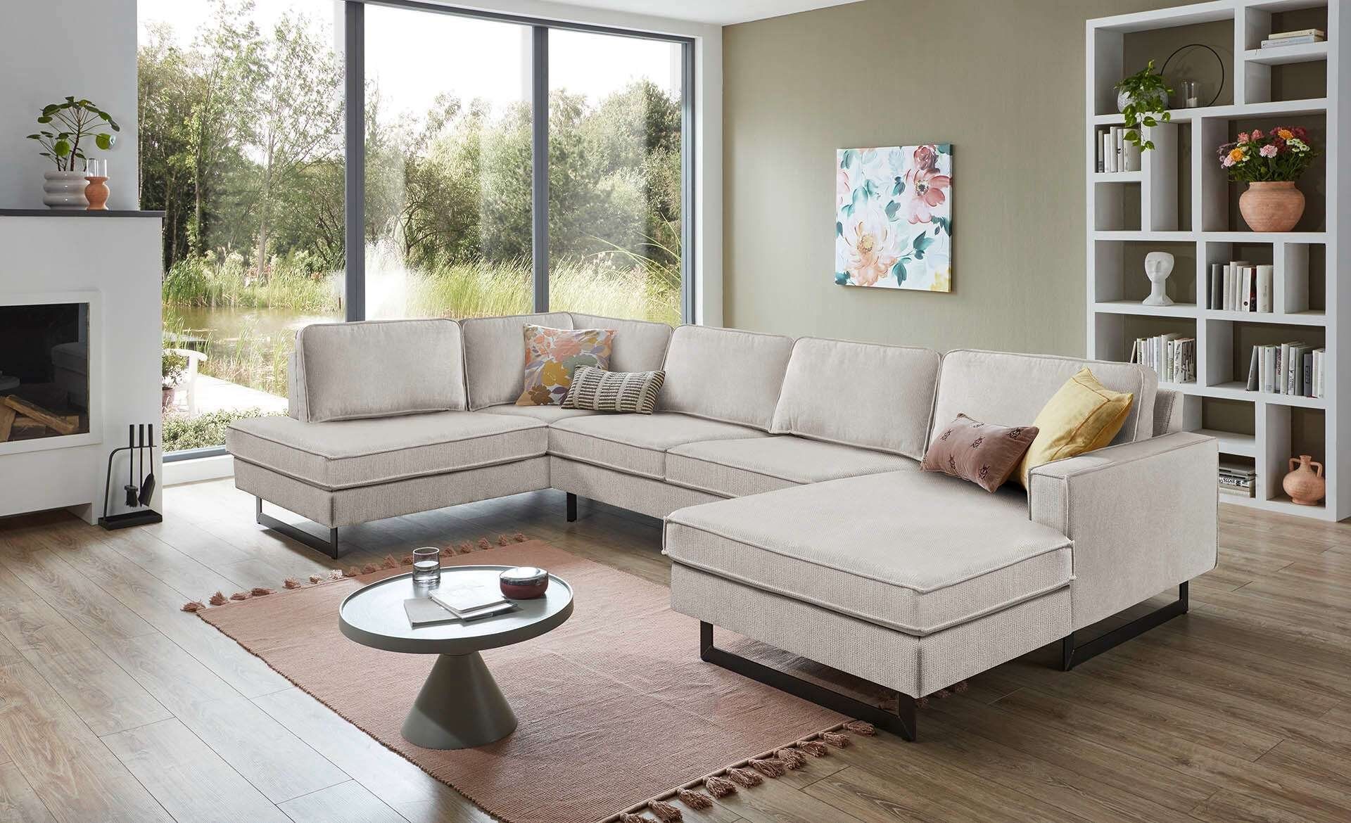 Home affaire Wohnlandschaft Pinto, 350 cm, U-Form, XXL, mit Ottomanen, Cord, Chenille, Lederoptik, mit Keder, Metallfüße, Wellenunterfederung