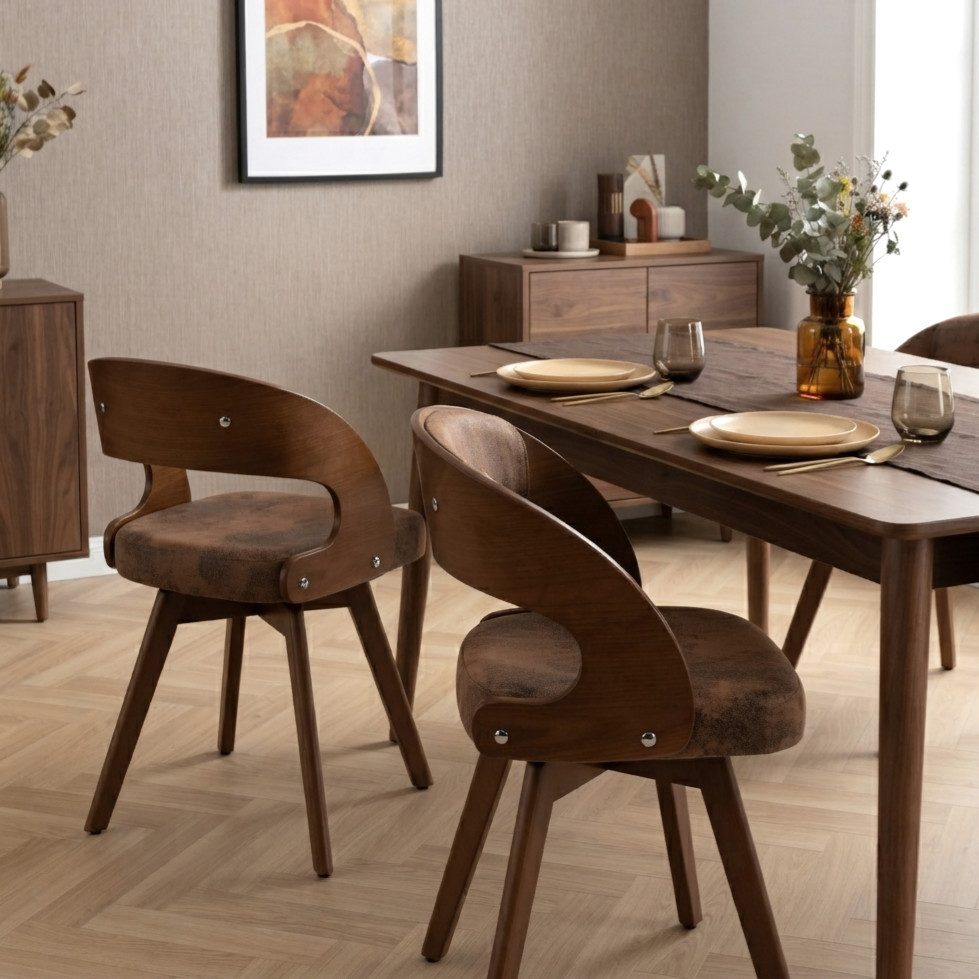 LVHOM Esszimmerstuhl 360° drehbar, geschwungene Rückenlehne, Massivholzrahmen, 2er-Set (Microfaser, ergonomisches Design,verstellbare, rutschfeste Füße, nach außen gerichtete Beine, Tragkraft 150 kg), ideal für Wohn-/Ess-/Schlaf-/Arbeitszimmer, Cafés,Gärten und Terrassen
