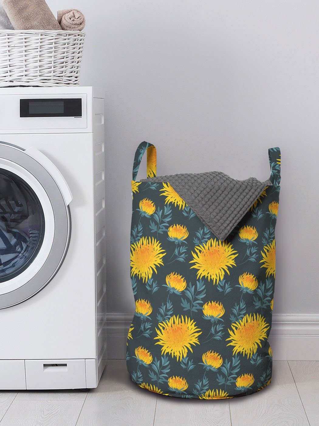 Wäschekorb Chrysantheme Kordelzugverschluss mit Wäschesäckchen Abakuhaus Blume Gelbe für Waschsalons, Griffen