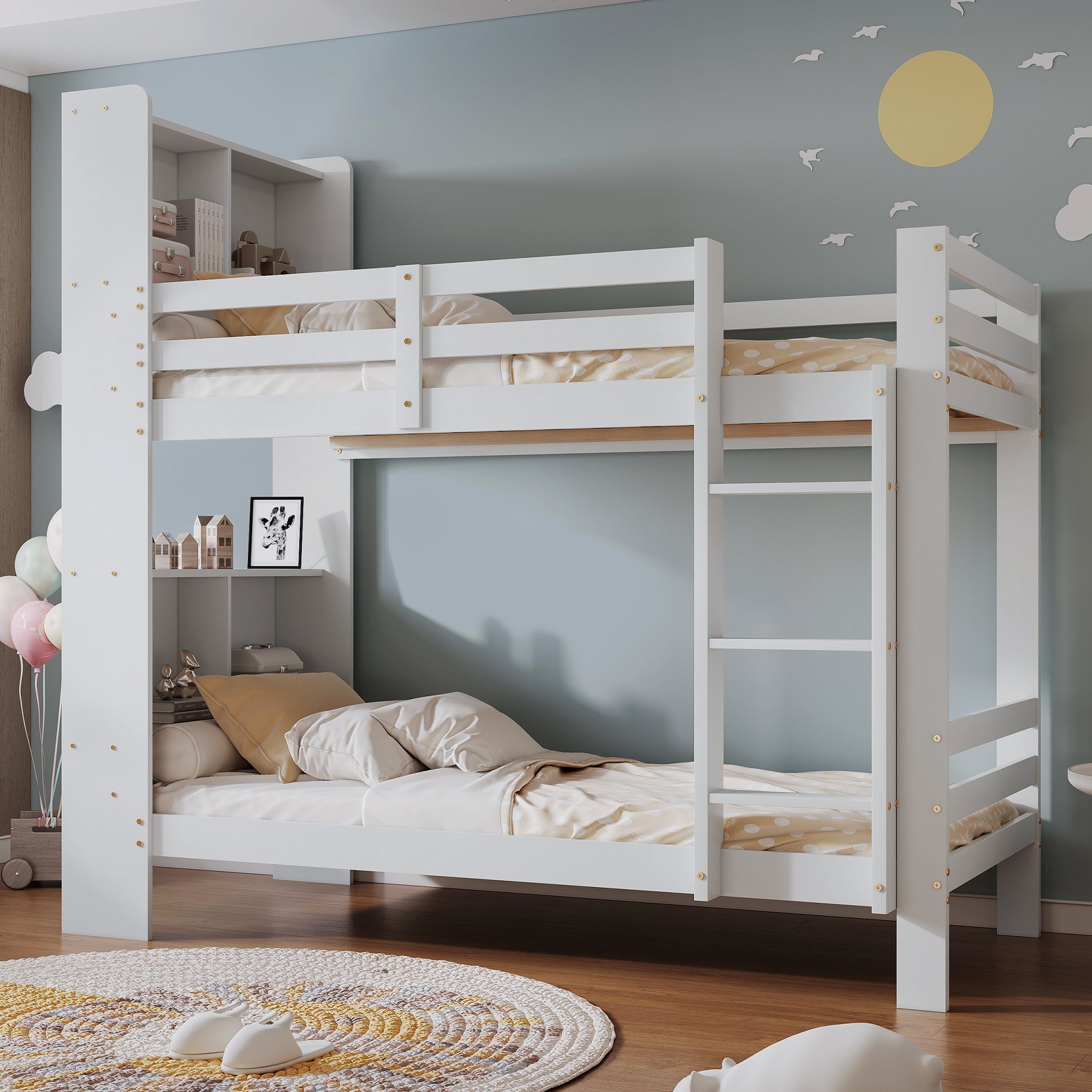 SOFTWEARY Etagenbett Kinderbett mit 2 Schlafgelegenheiten, Lattenrost,  Leiter und Regal (90x200 cm), Holzbett aus Kiefer, Hochbett inkl.  Rausfallschutz
