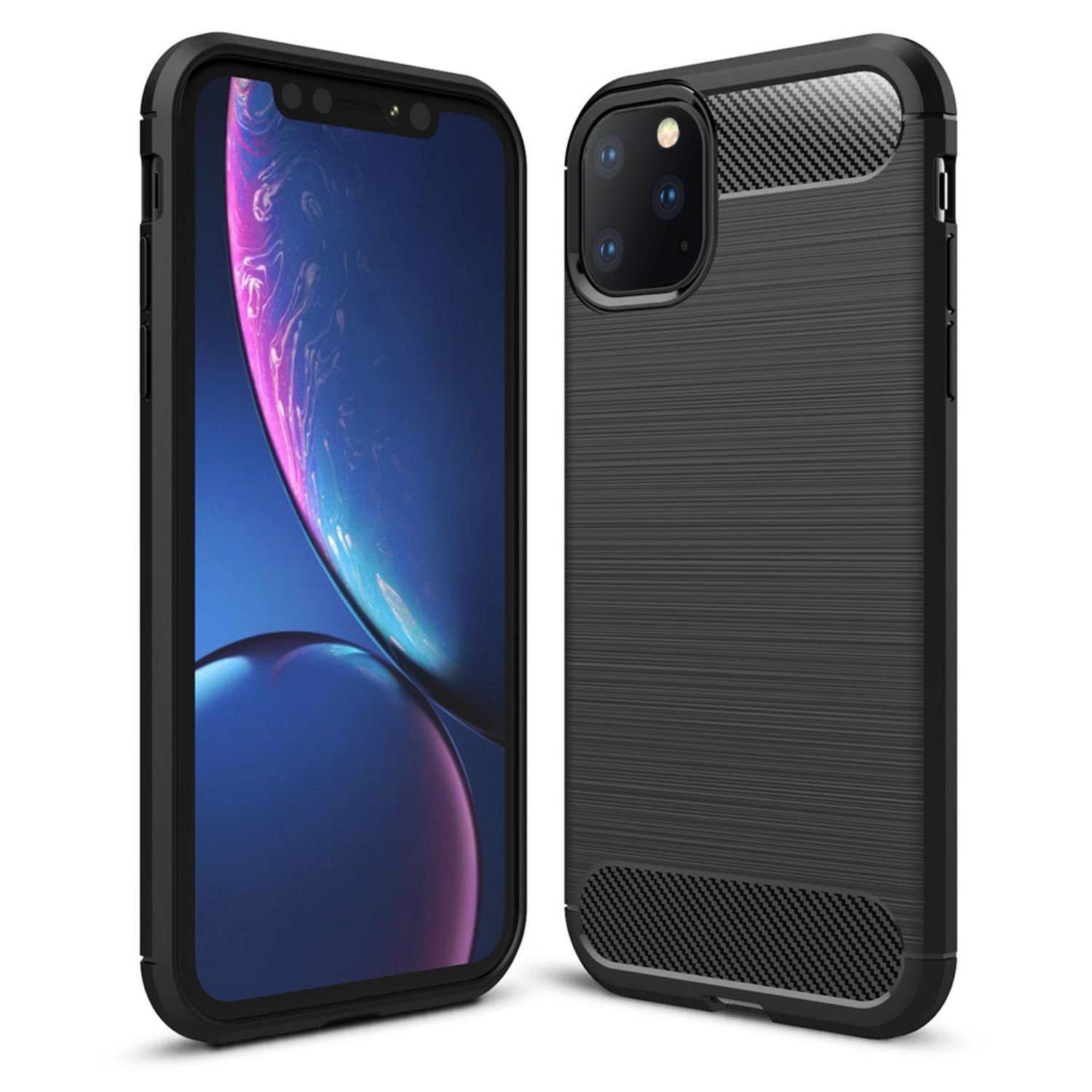Nalia Smartphone-Hülle Apple iPhone 11 Pro Max, Carbon Look Silikon Hülle / Matt Schwarz / Rutschfest / Karbon Optik