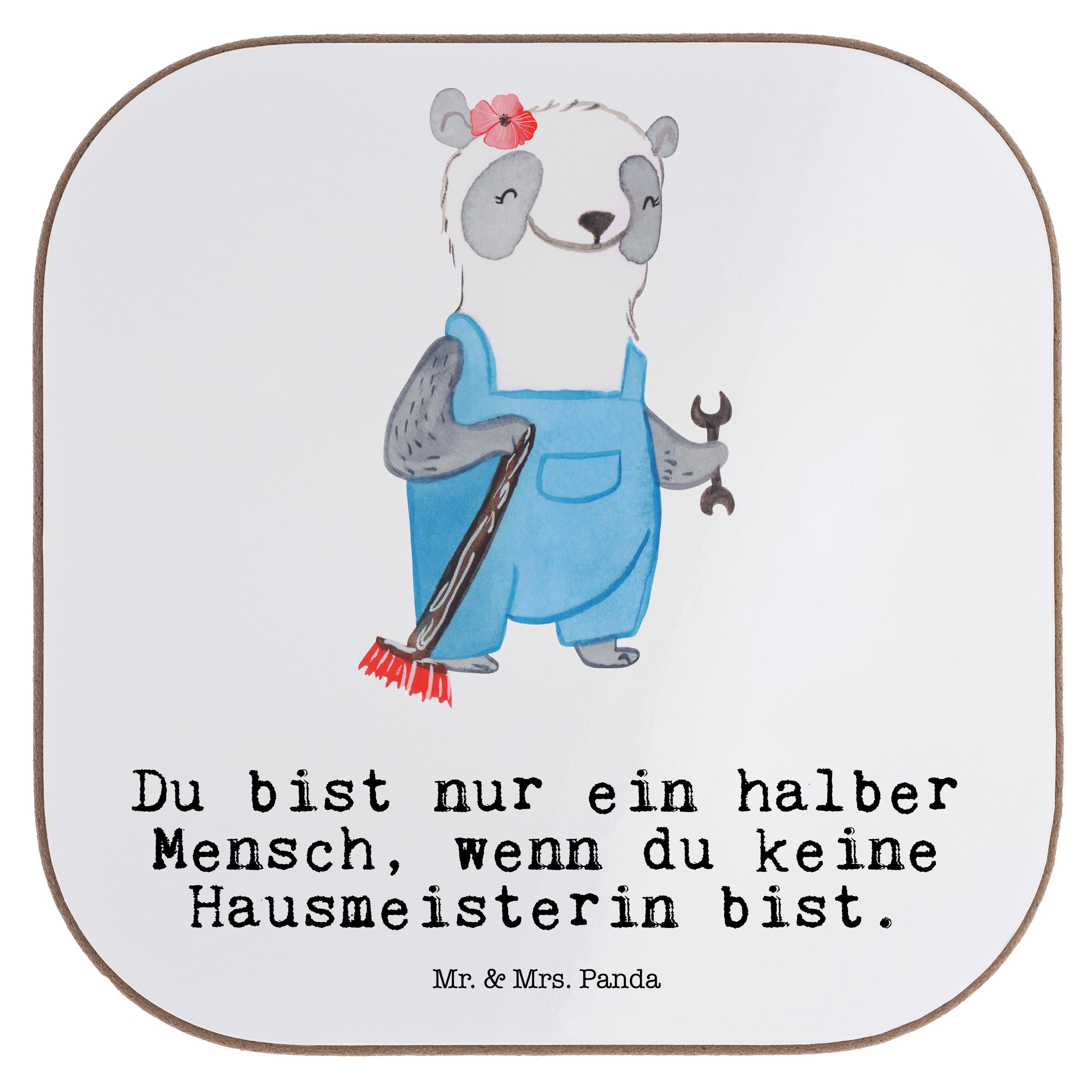 Mr. & Mrs. Panda Getränkeuntersetzer Hausmeisterin mit Herz - Weiß - Geschenk, Firma, Glasuntersetzer, Unt, 1-tlg.
