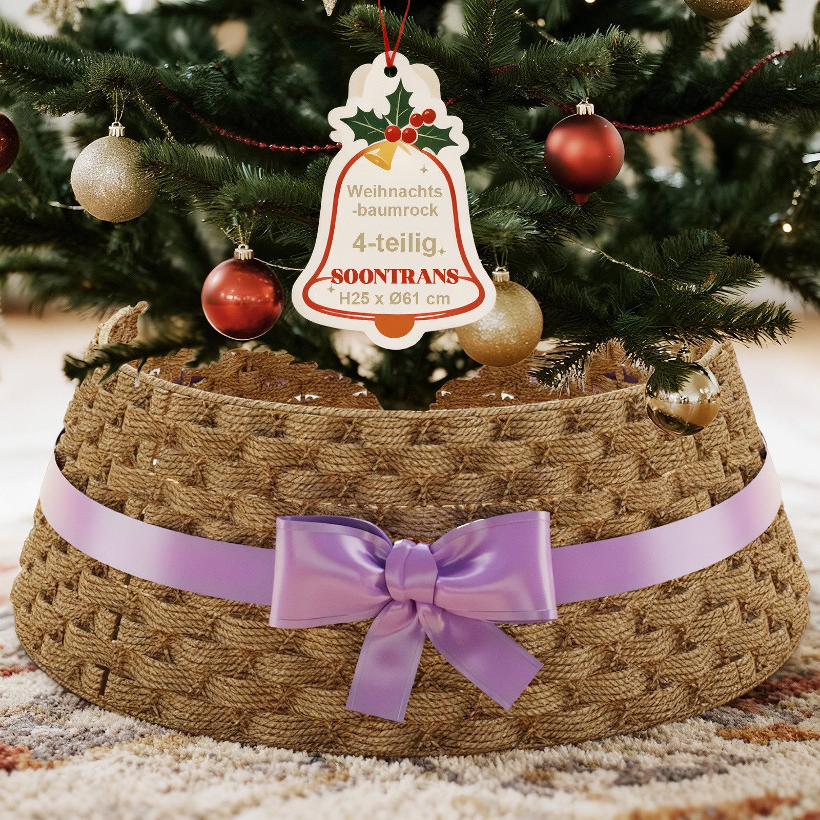 Ferghana Weihnachtsbaumdecke Weihnachtsbaumrock aus Geflochtene Weide, Weihnachtsbaum Kragen, Weihnachtsbaumständer Abdeckung mit Schleife, Weihnachtsbaum Korb