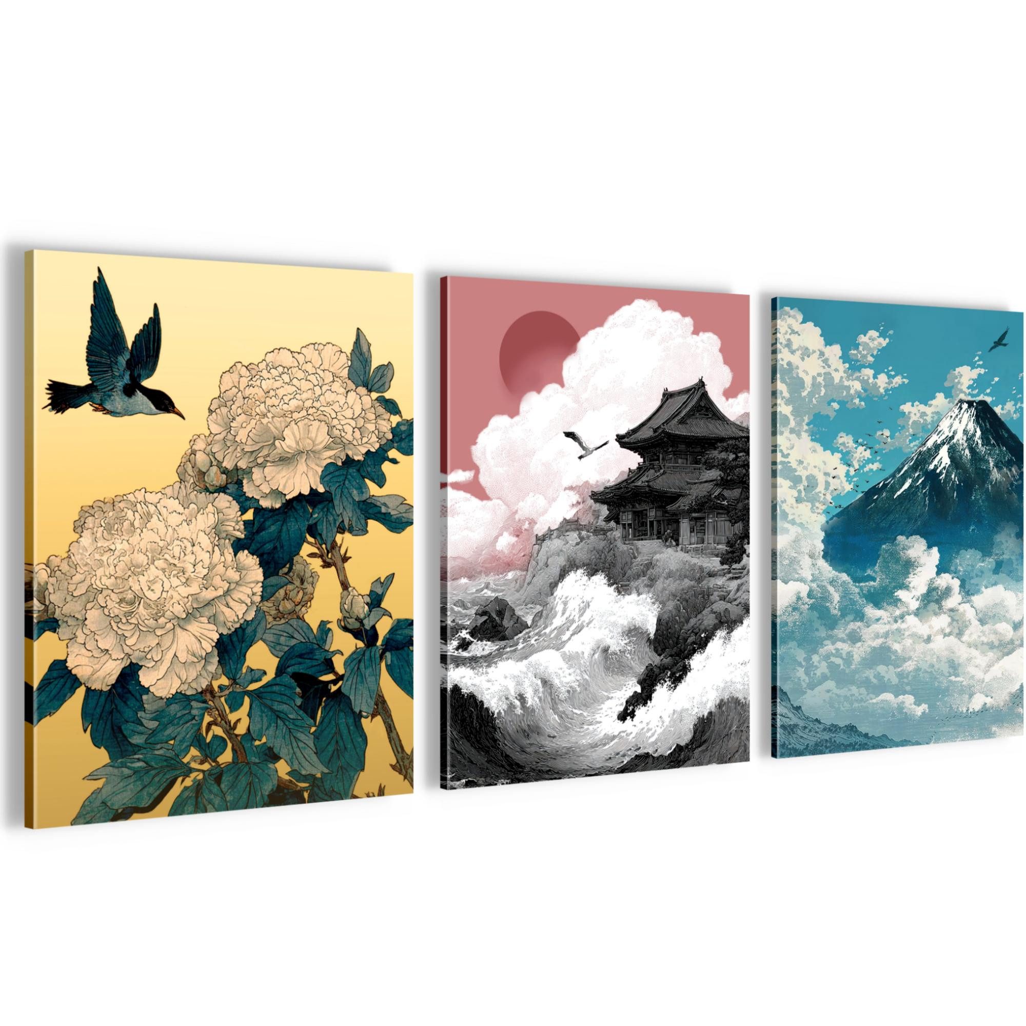 Novart Wandbild Japan Hokusai Abstrakt Wandbilder XXL Wandbild Wand Deko Bilder, Japan (3 St)
