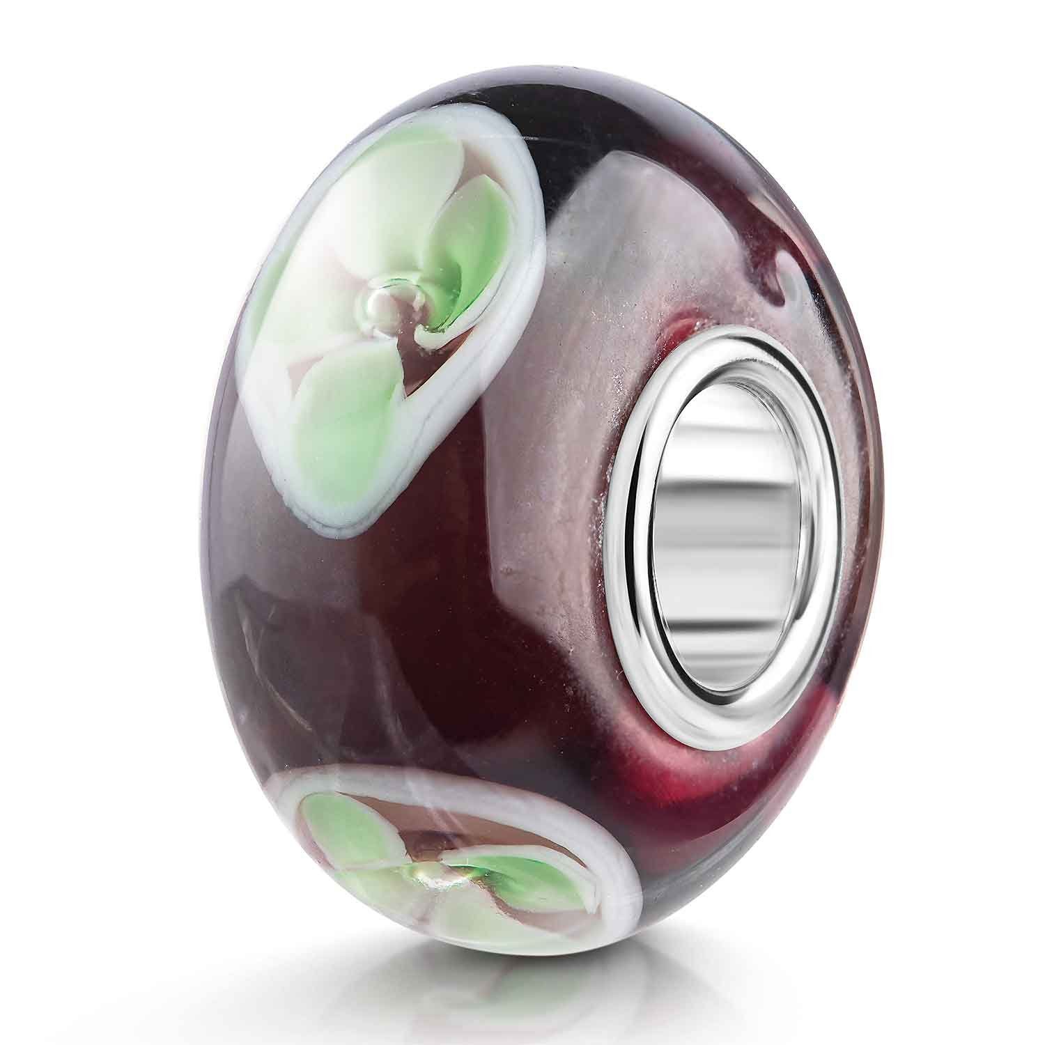 Materia Bead Glasperle Blumen Weinrot Grün Weiß 925 Silber 948, Kern aus 925 Sterling Silber