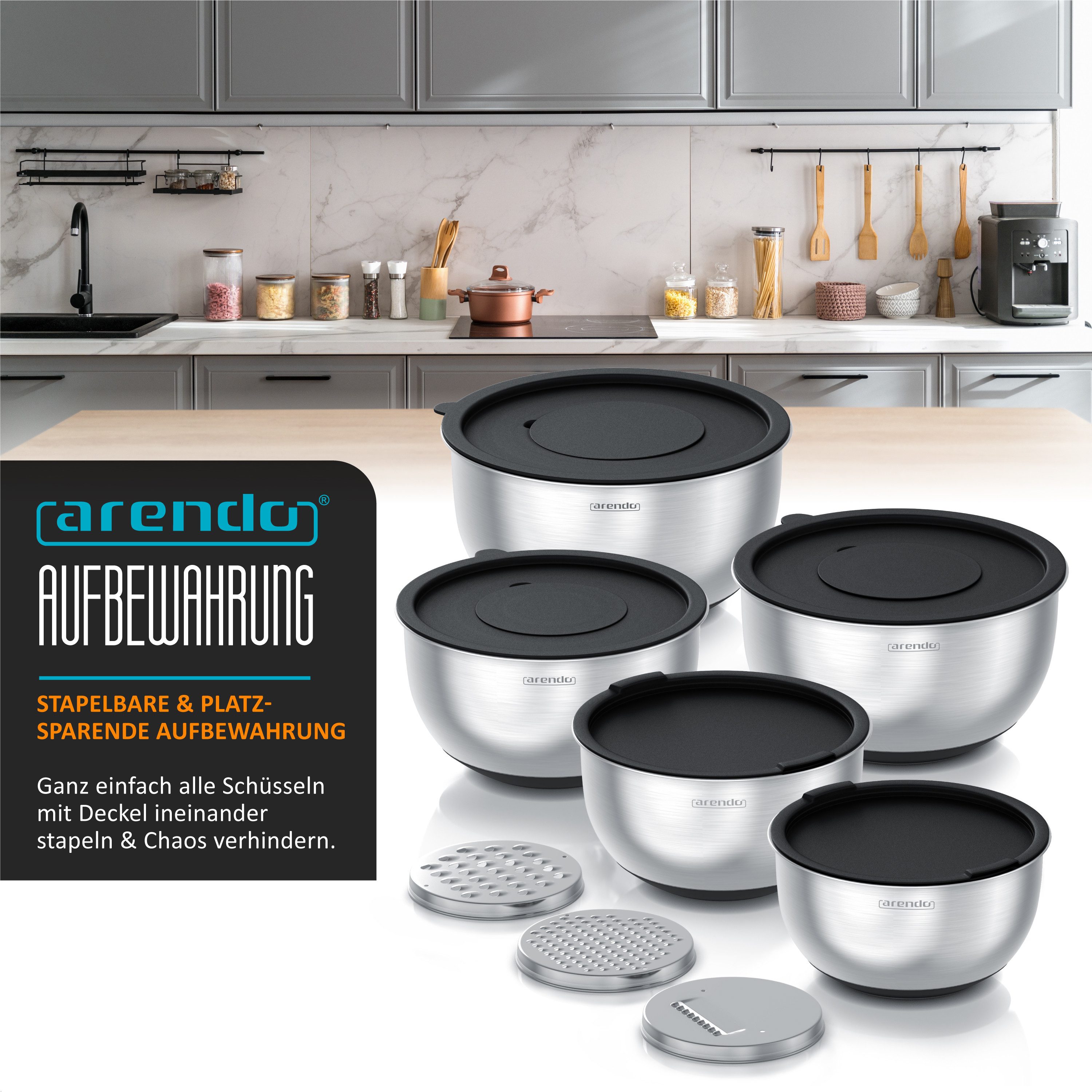 Arendo Salatschüssel 5er Set mit Deckel, Edelstahl Salatschüsseln 1,6 bis 5 L, Rührschüssel, Edelstahl, (Set, 5-tlg), Edelstahlschüssel, 3 Reibaufsätze spülmasc – Bild 5 von 5