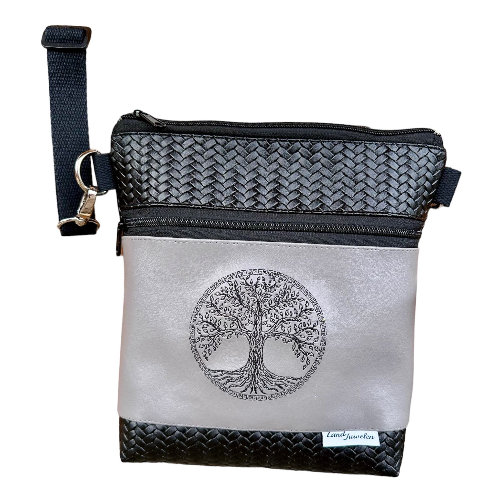 Schultertasche Bestickte Schultertasche Lebensbaum schwarz grau