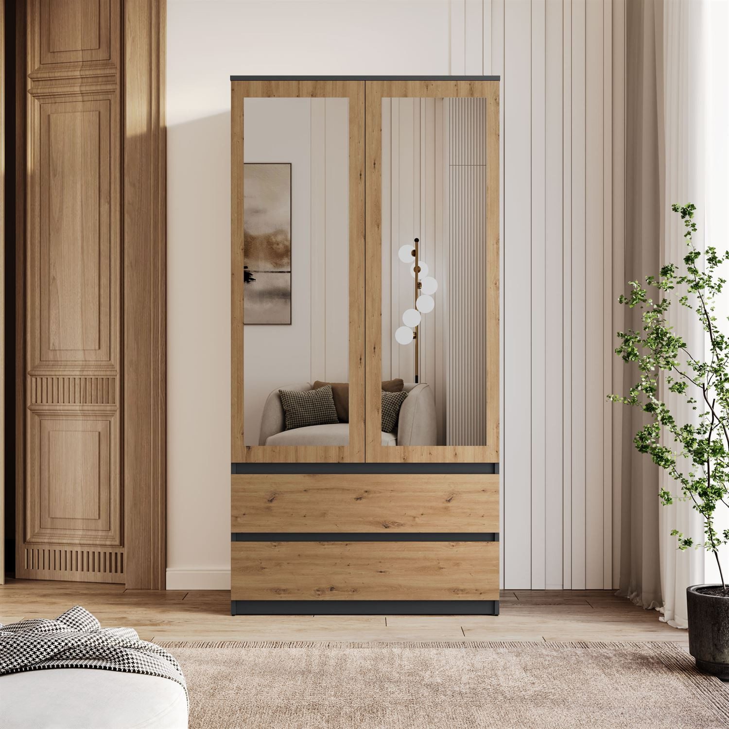 Lookway Kleiderschrank HANA SS-90 mit 2 Türen und großem Spiegel