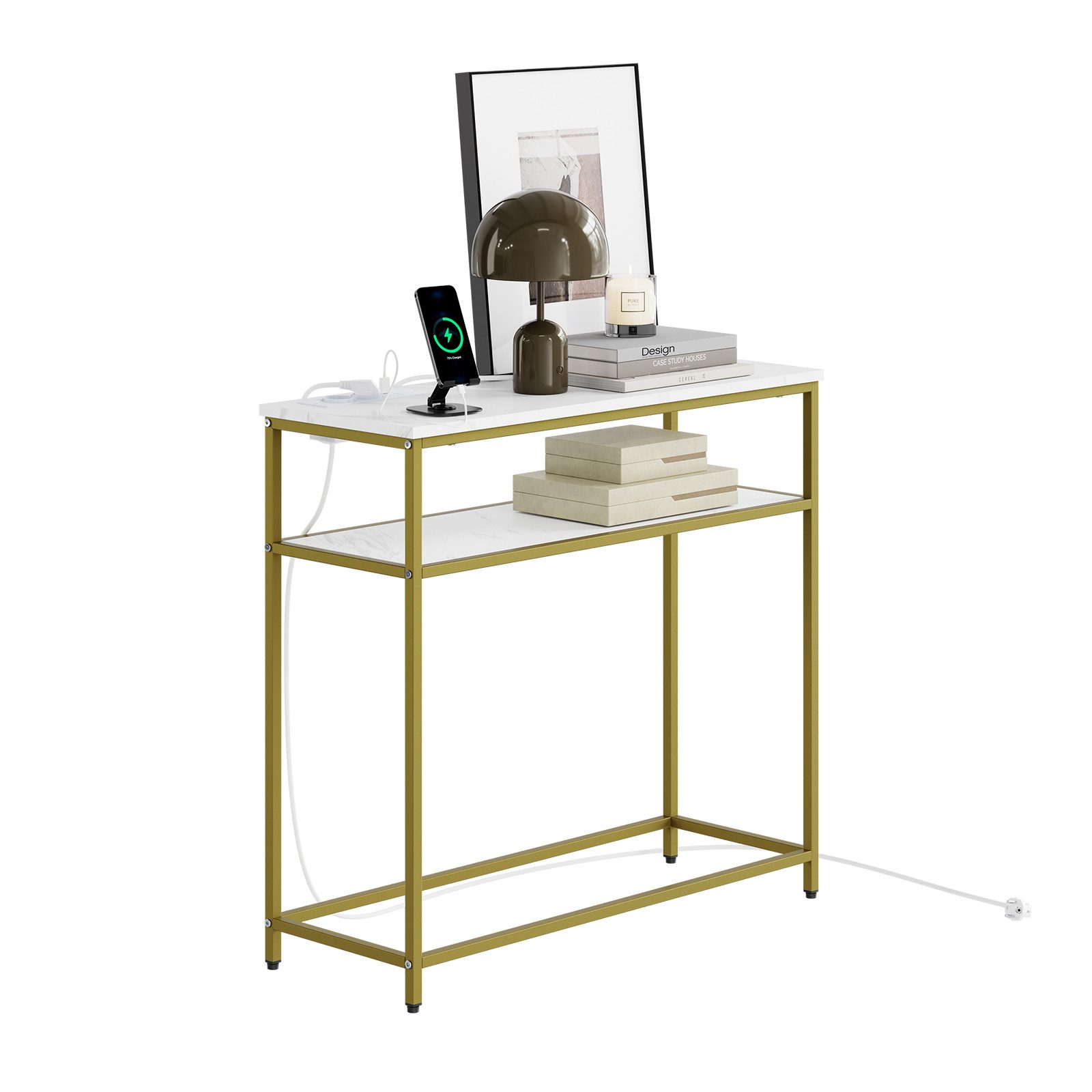 SoBuy Konsolentisch FSB106-E, Konsolentisch Schmal Flurtisch mit 2 Steckdosen und Ablagen (1 Tisch), Sofatisch Wohnzimmertisch mit USB & Typ-C, 2 Steckdosen, 1,8m Kabel