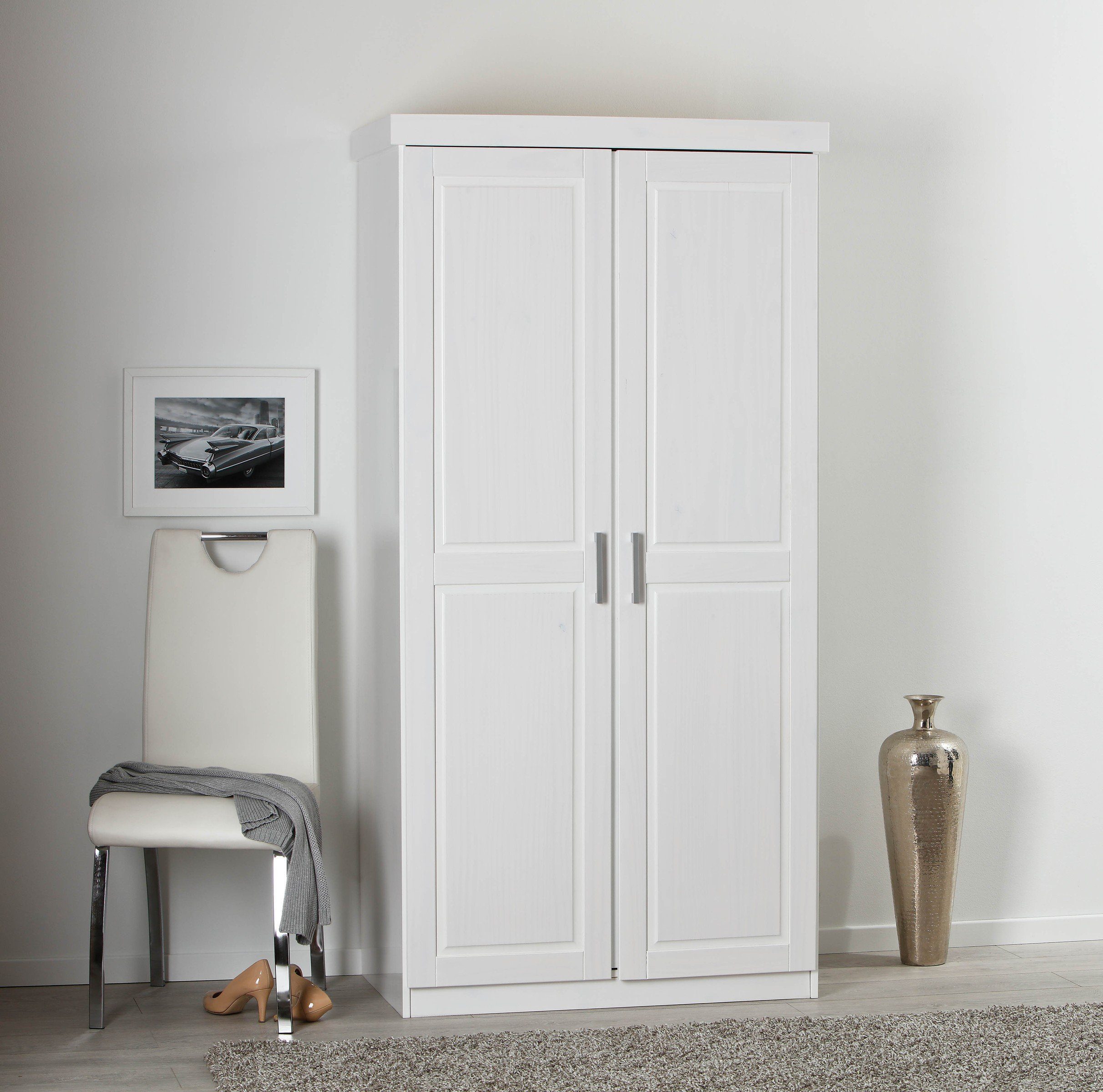möbelando Kleiderschrank Hakon (BxHxT 95 x 190 x 55 cm) aus Massivholz in Weiss mit 2 Türen und einem Einlegeboden