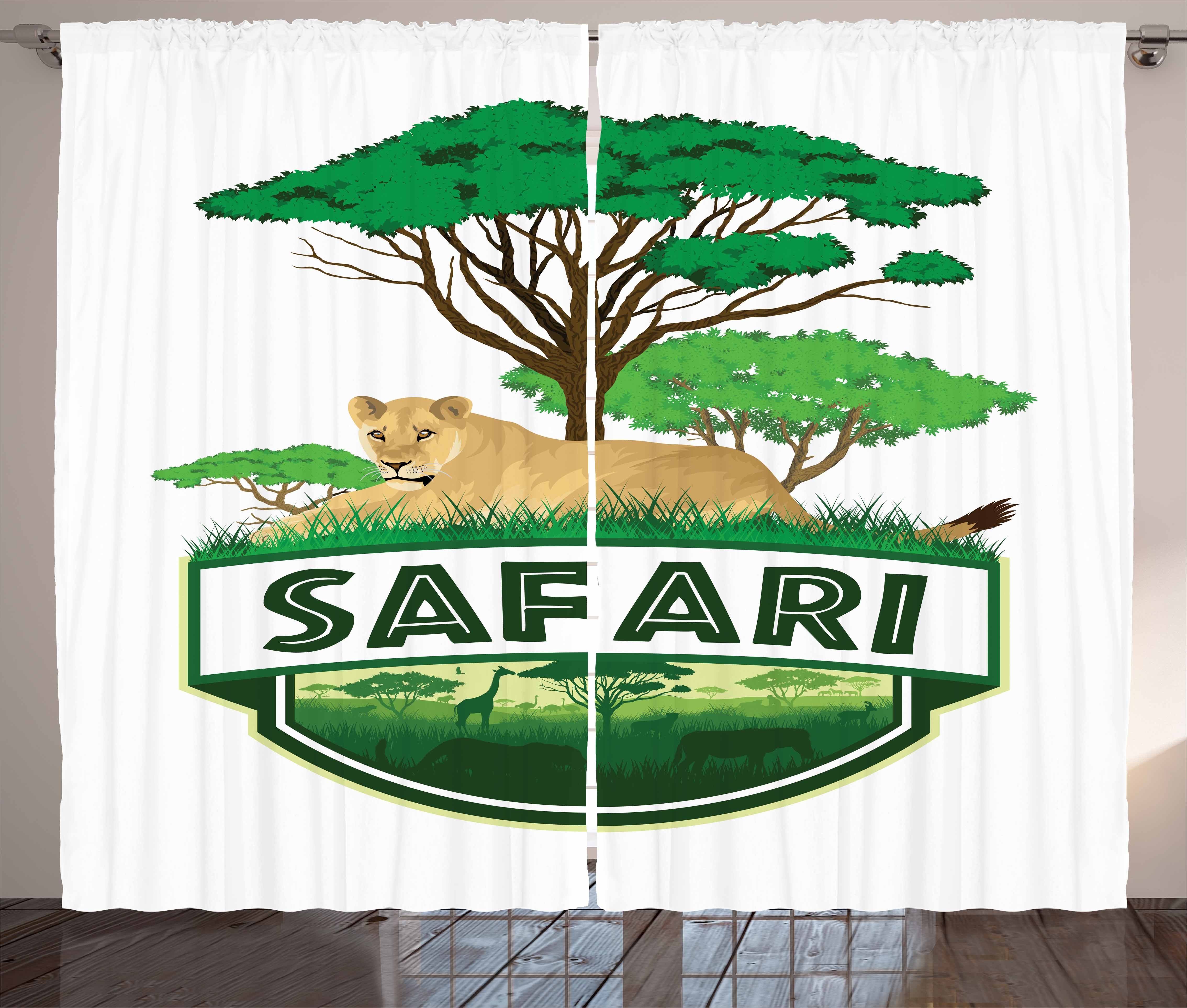 mit und Kräuselband Schlaufen Schlafzimmer Lion Trees Vorhang Abakuhaus, Safari Gardine Green Haken, African