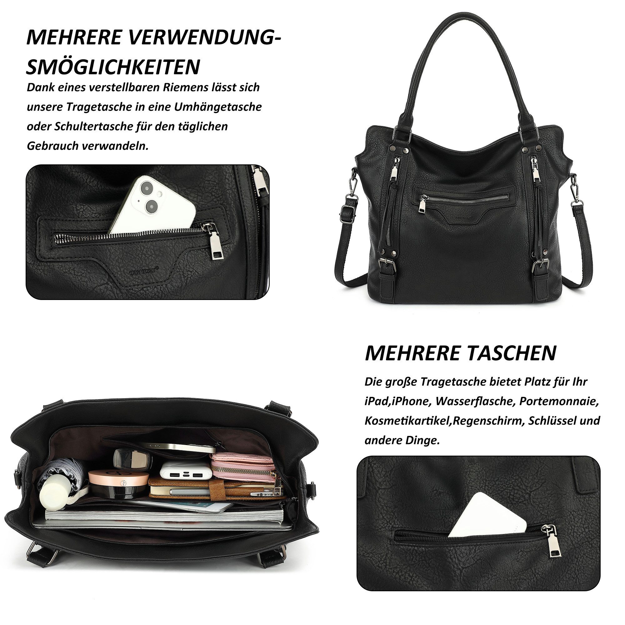 TAN.TOMI Handtasche Damen Shopper - Set Schultertasche Henkeltasche Umhängetasche, Mit abnehmbarem Schultergurt für Büro Schule Einkauf Reise – Bild 5 von 5