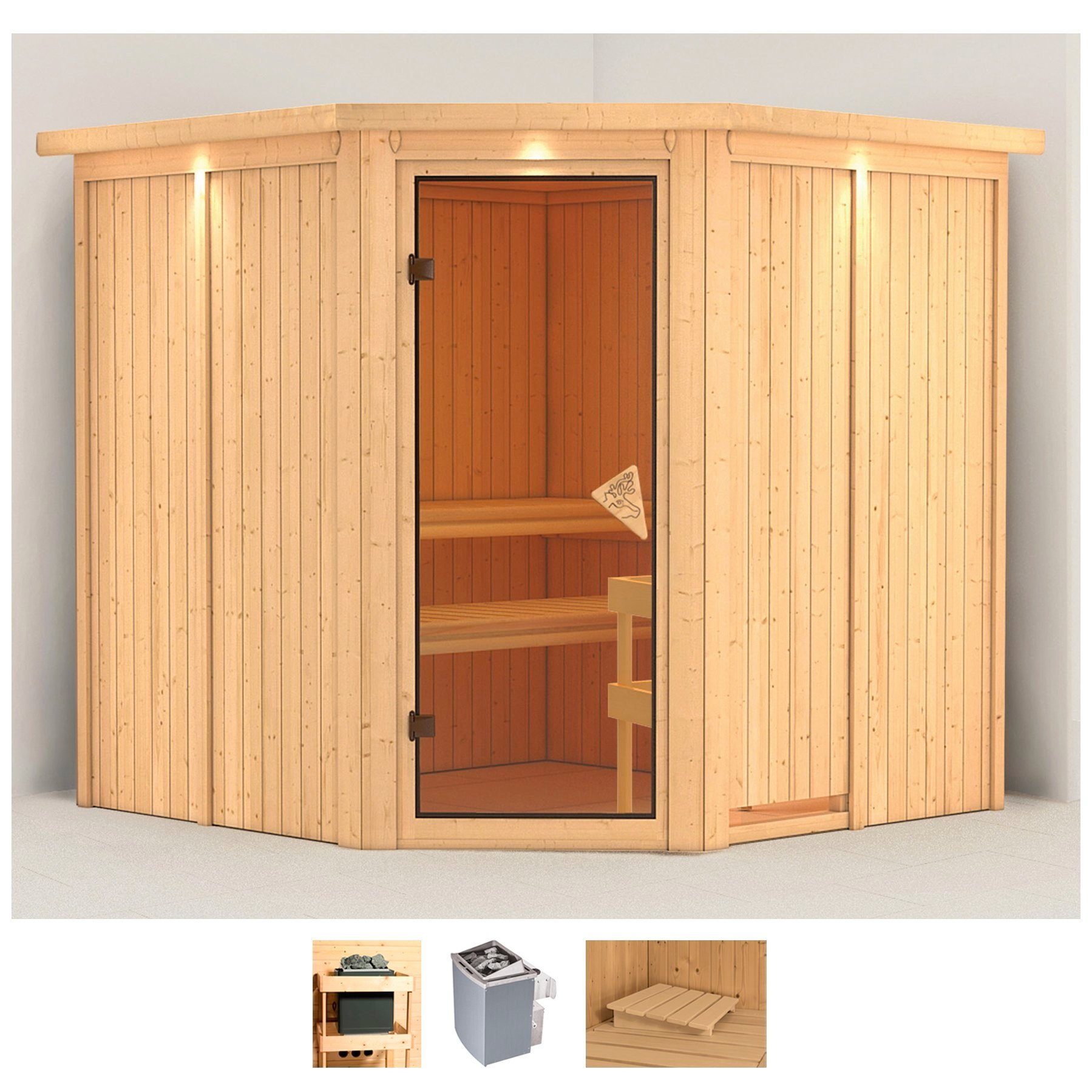 Karibu Sauna Jarla, BxTxH: 210 x 210 x 202 cm, 68 mm, (Set) Ofen 9 kW integr. Strg